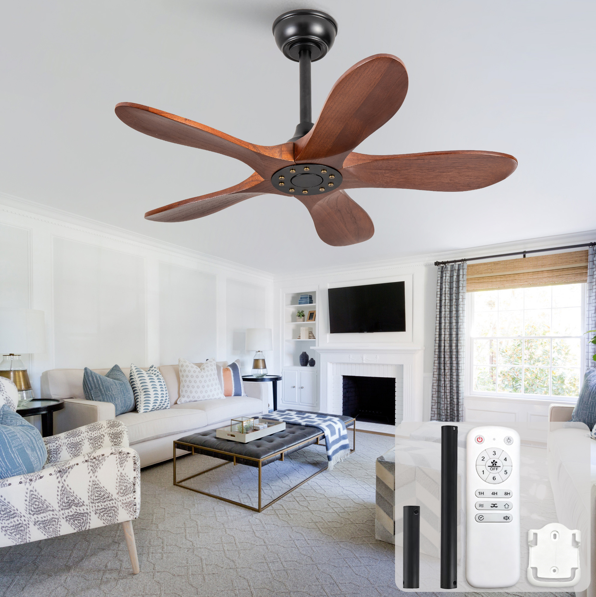 36-zoll-deckenventilator Ohne Licht, 5 Holzflügel, 6 Stufen, Reversibel, Fernbedienung