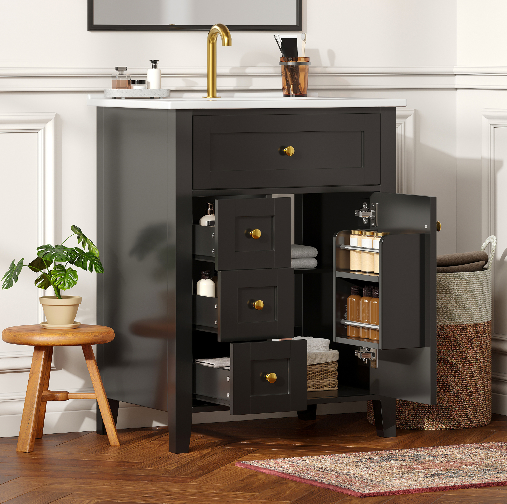 Waschtischunterschrank 61 Cm Hochglanz-schwarz Mit 1 Tür, 3 Schubladen Und Keramikbecken