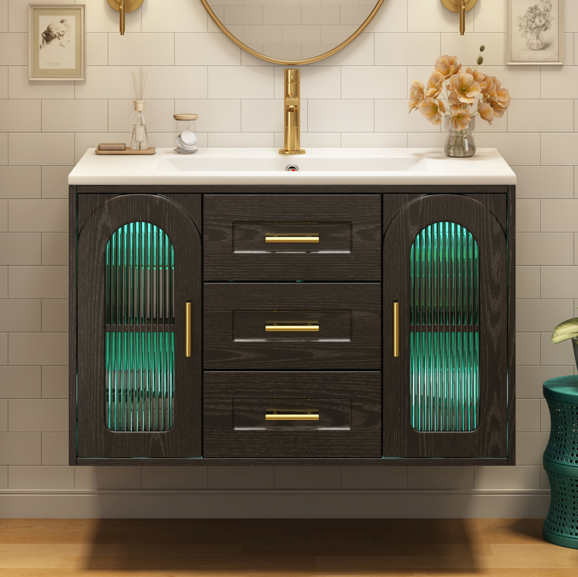Hängender Badschrank 76 Cm Mit Keramikwaschbecken, Led, Riffelglas Und Schwarzem Mdf