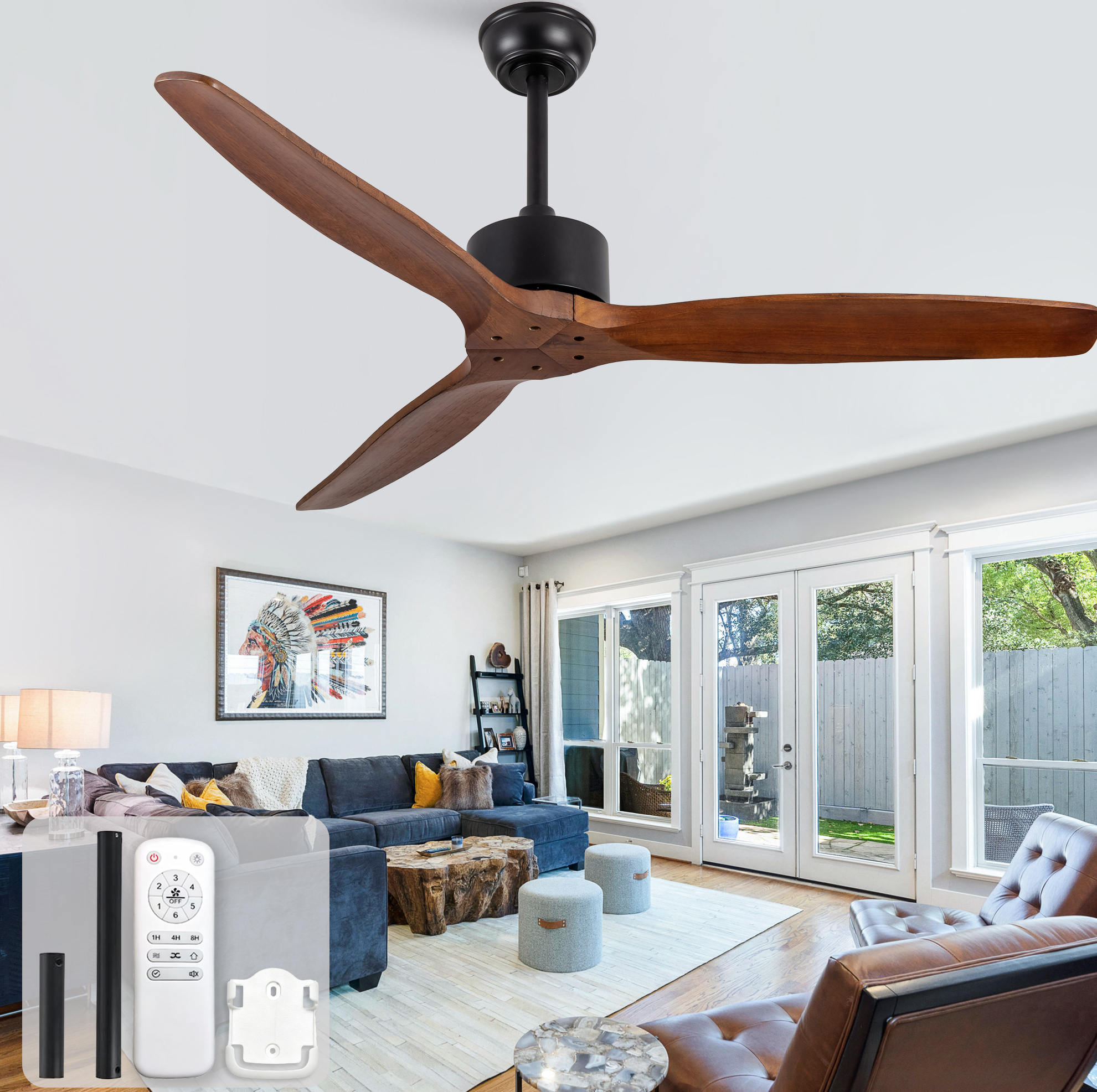 52-zoll-deckenventilator Ohne Licht, 3 Holzflügel, Fernbedienung, Schwarz/nussbaum