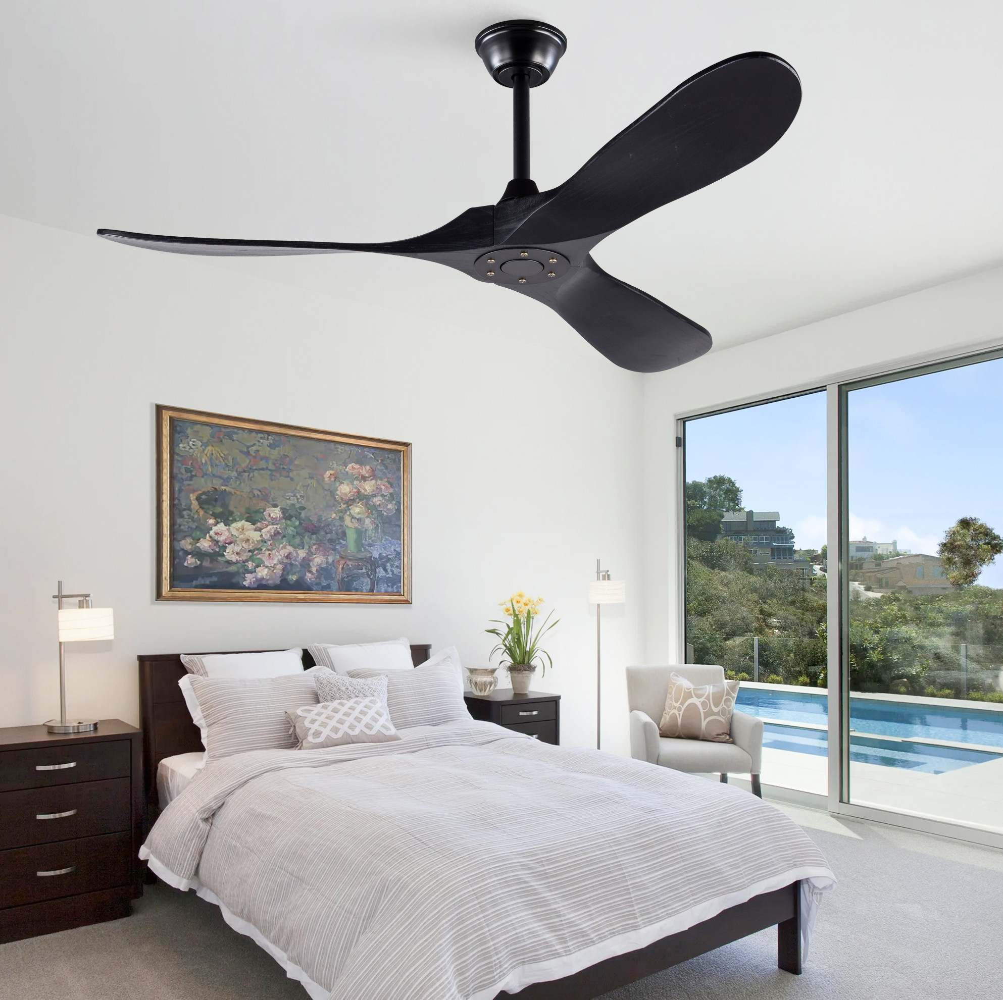 Okwish Deckenventilator 52 Zoll Schwarz, 3 Holzflügel, Ohne Licht, Fernbedienung