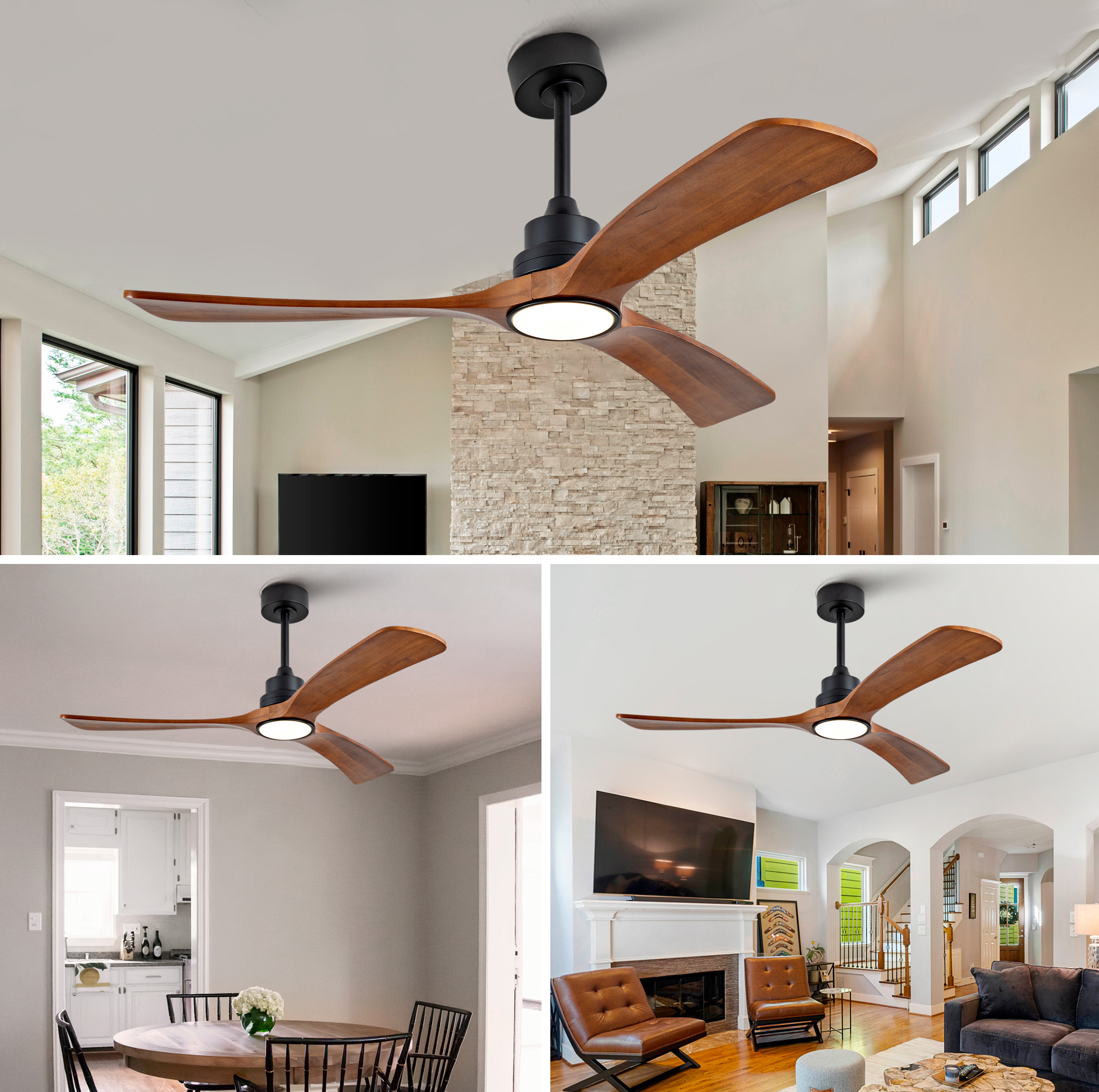 Deckenventilator 132 Cm Mit Licht, 3 Holzflügel Nussbaum, Fernbedienung, Schwarz