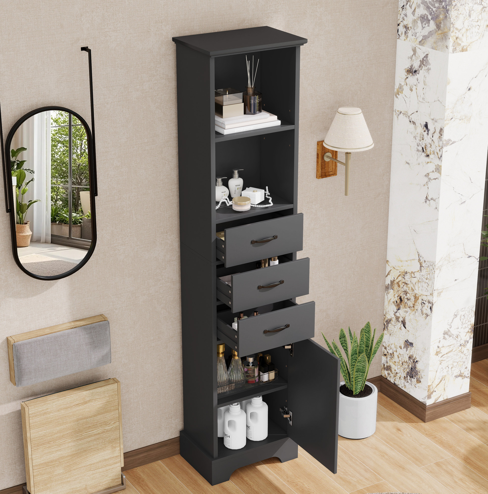 Hochschrank Fürs Bad 38 X 26 X 172,5 Cm Aus Schwarz Lackiertem Mdf Mit 3 Schubladen