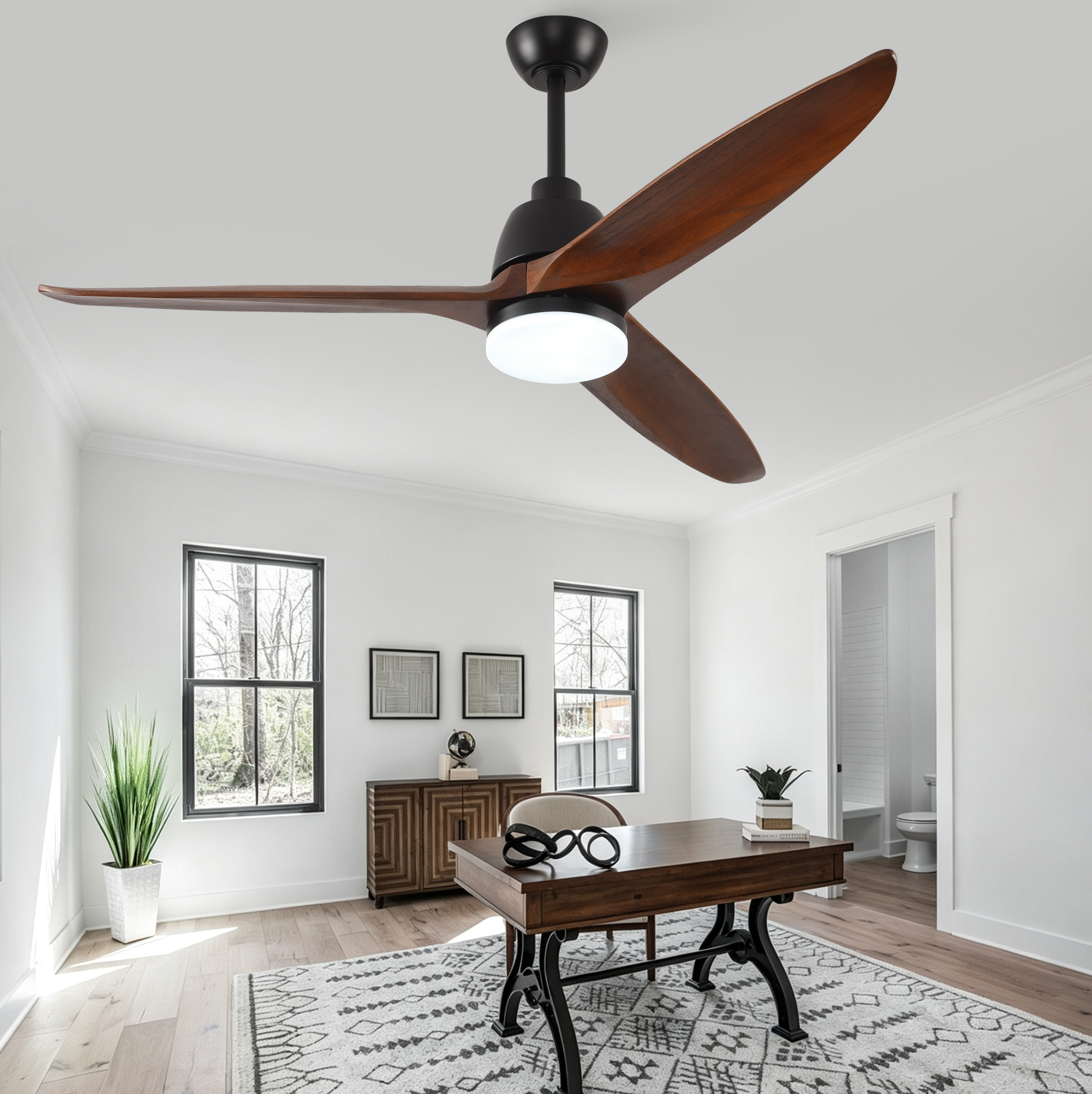 56-zoll-deckenventilator Mit Led-beleuchtung, Fernbedienung, 3 Holzflügel, Schwarz