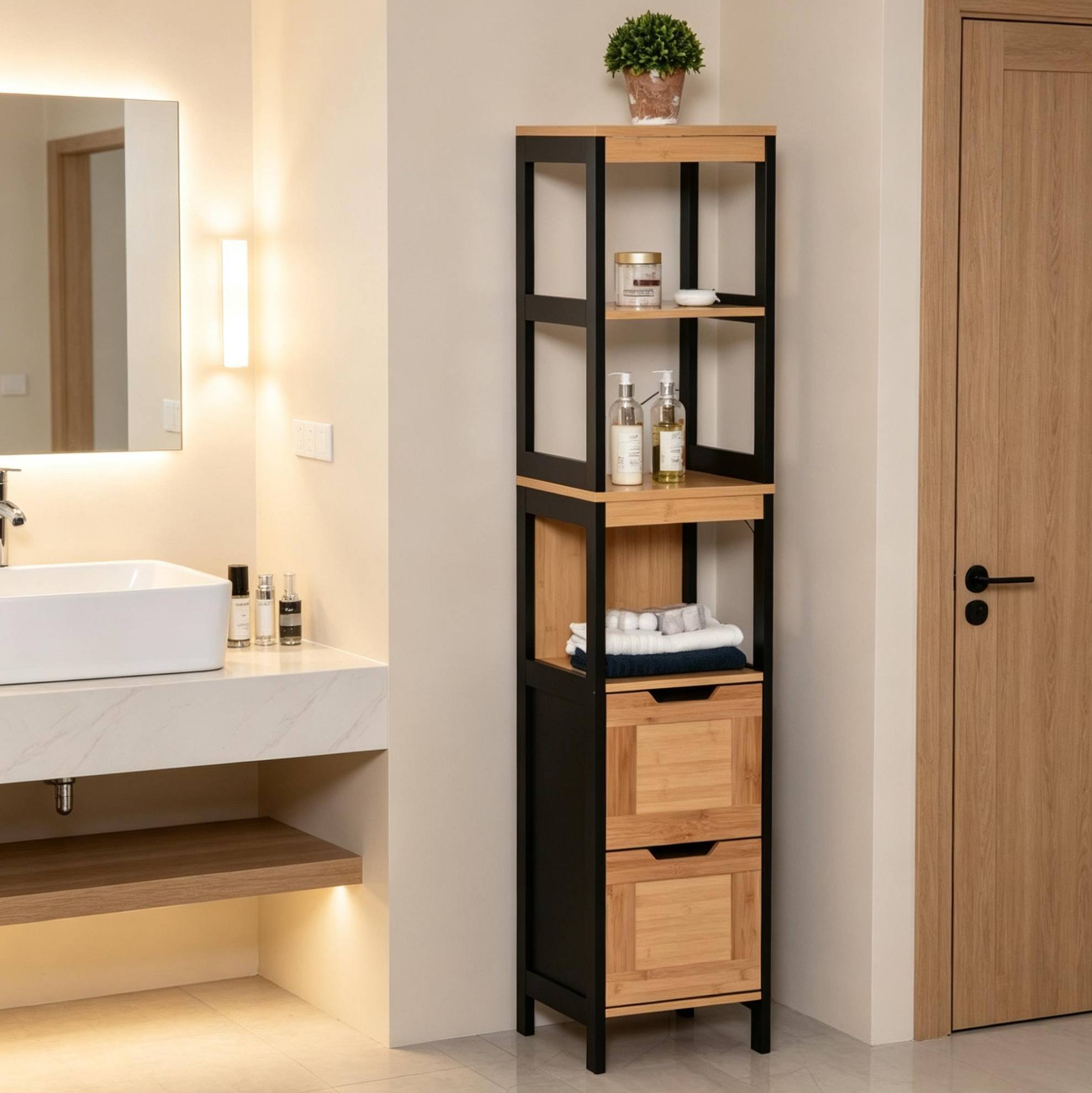 Badezimmerschrank Aus Bambus Und Mdf, 3 Ablagen, 2 Schubladen, Schwarz/natur, 30 X 30 X 144,3 Cm