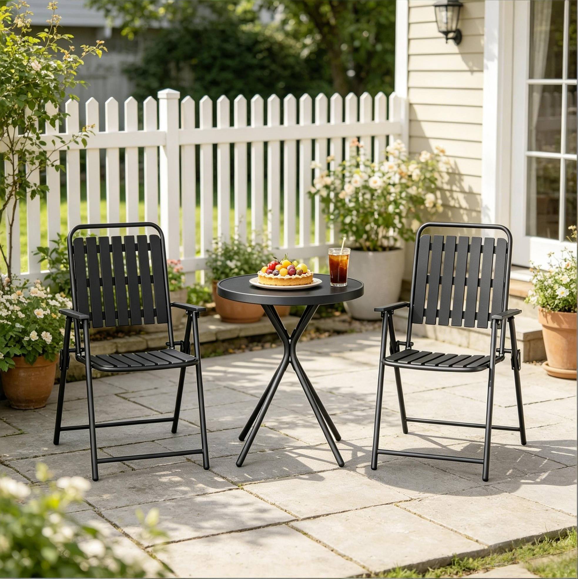3-teiliges Gartenmöbel-set Mit Rundem Klapptisch Und Klappstühlen, Schwarz, Eisen & Glas