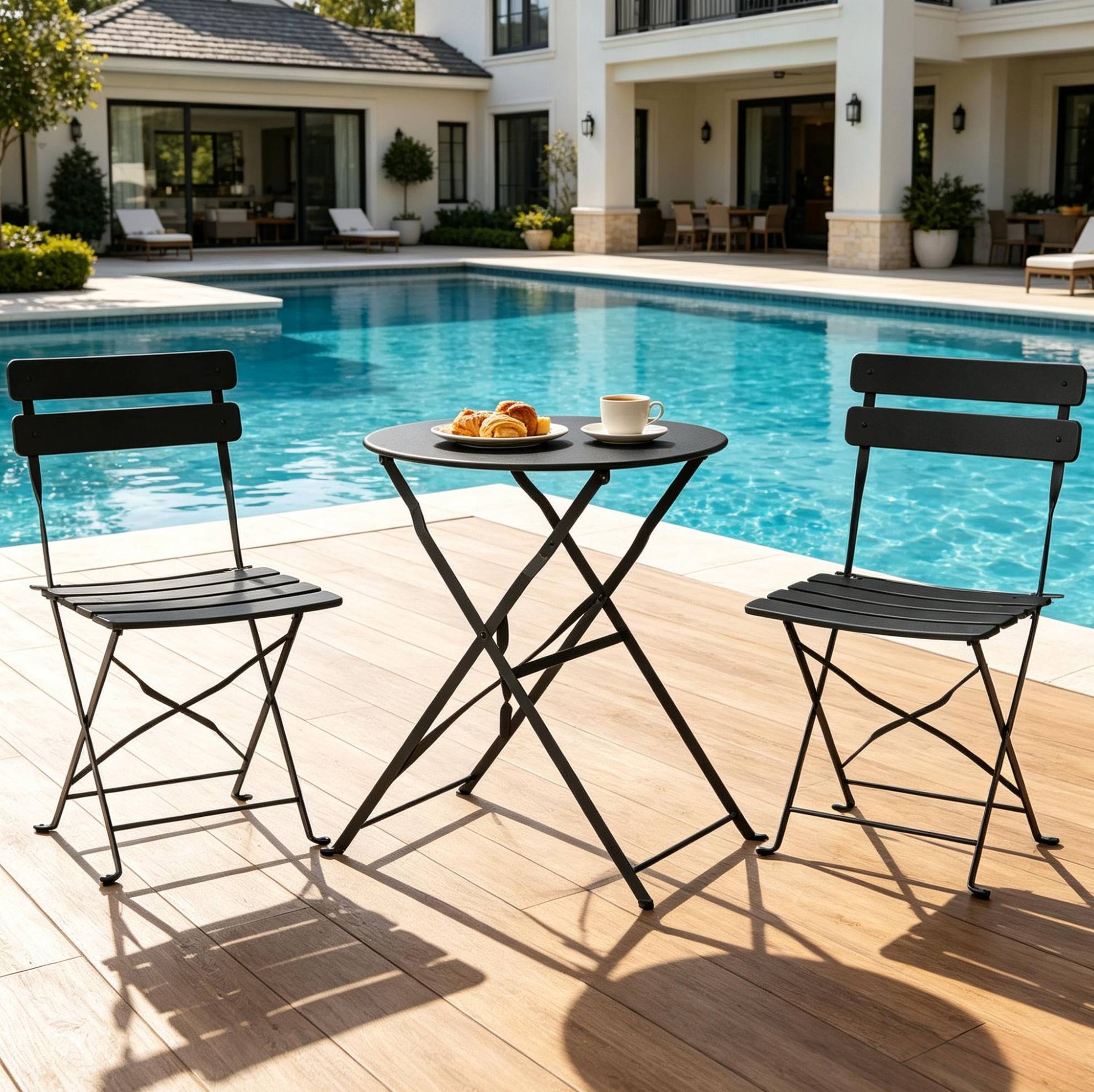 Klappbares Bistro-set Aus Schwarzem Metall, Runder Tisch Ø 58 Cm Und 2 Stühle Okwish