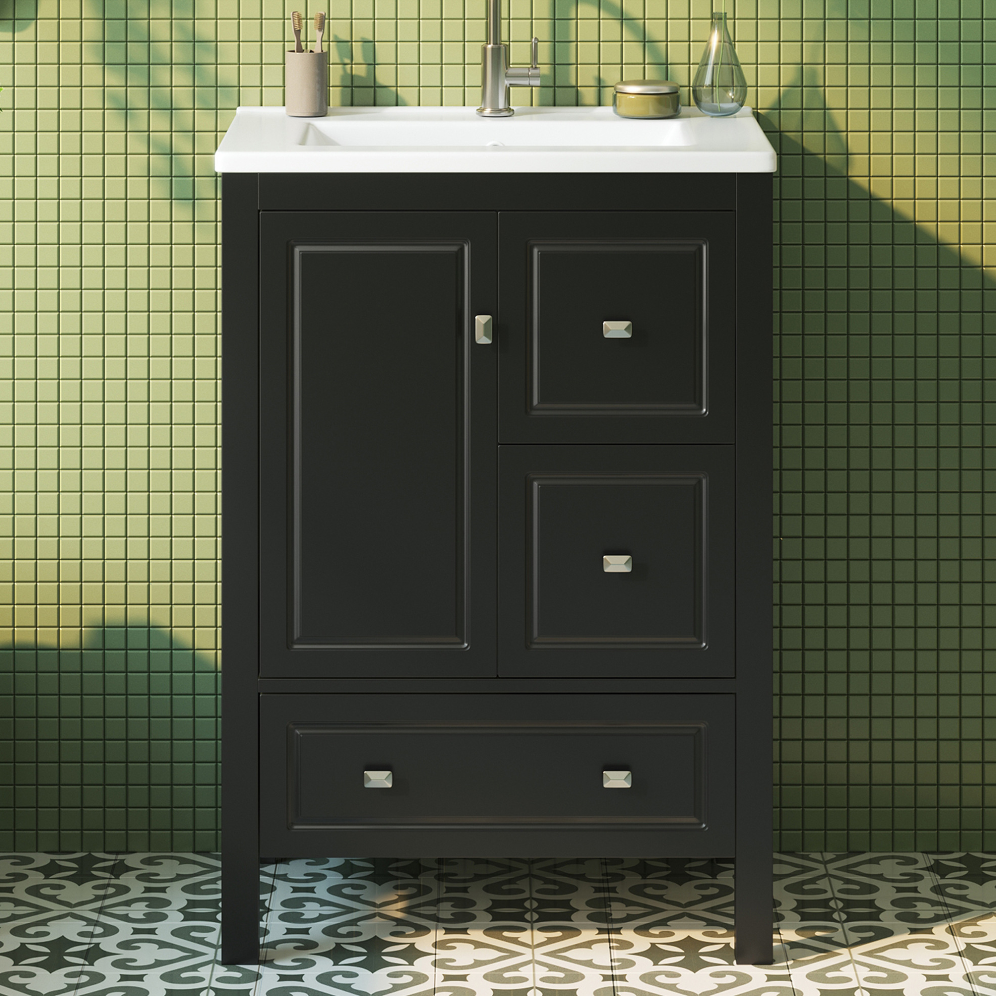 Freistehender Badschrank 62x47x90 Cm Schwarz Mit Keramikwaschbecken, 3 Schubladen, 1 Tür
