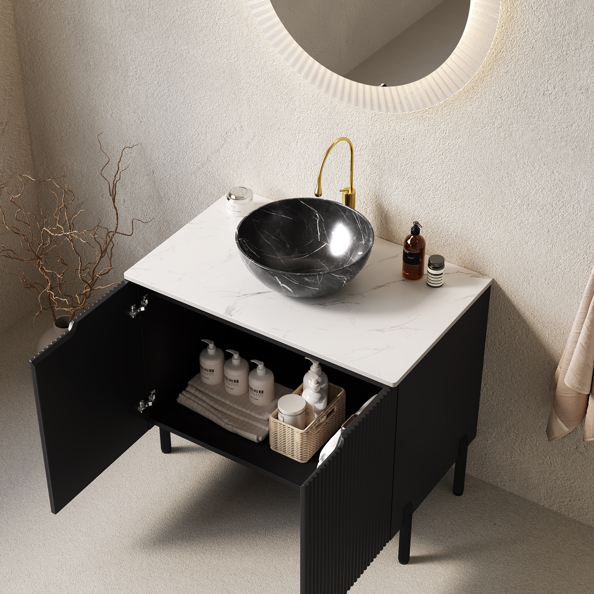 Freistehendes Badmöbel 76 Cm Schwarz Mit Rundem Waschbecken, Carrara-top, Okwish