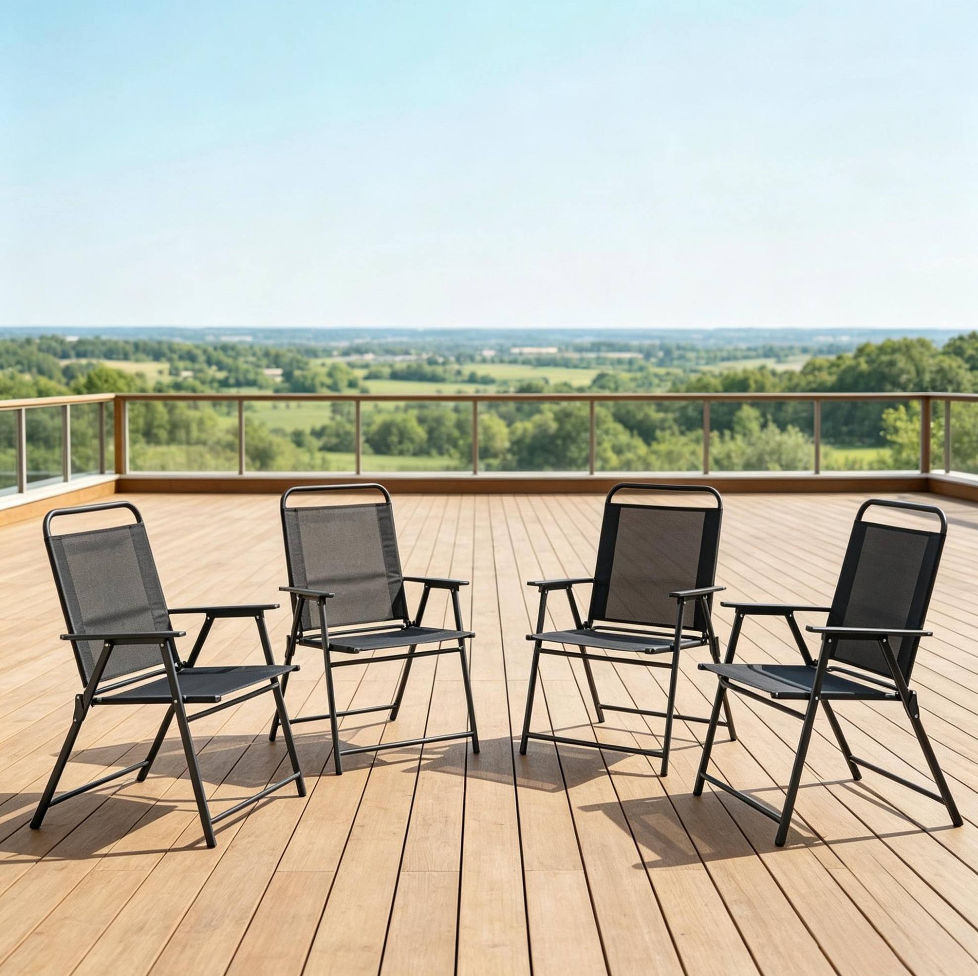 4 Klappbare Outdoor-stühle, Hohe Rückenlehne, Armlehnen, Schwarzer Stahl, Textilene