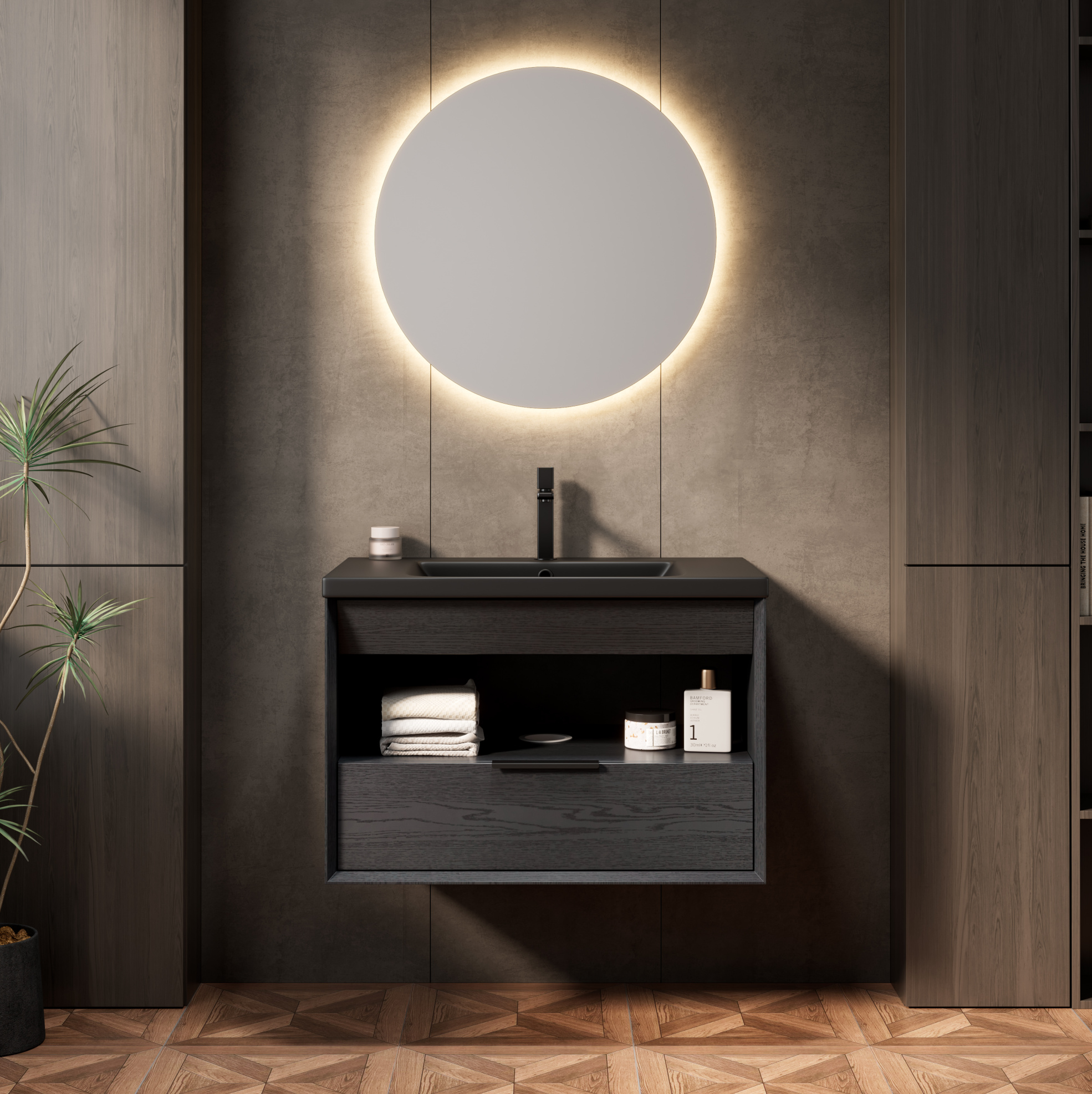 Hängender Waschtischunterschrank 75 Cm Mit Schwarzem Keramikwaschbecken, Schublade, Dunkle Eiche