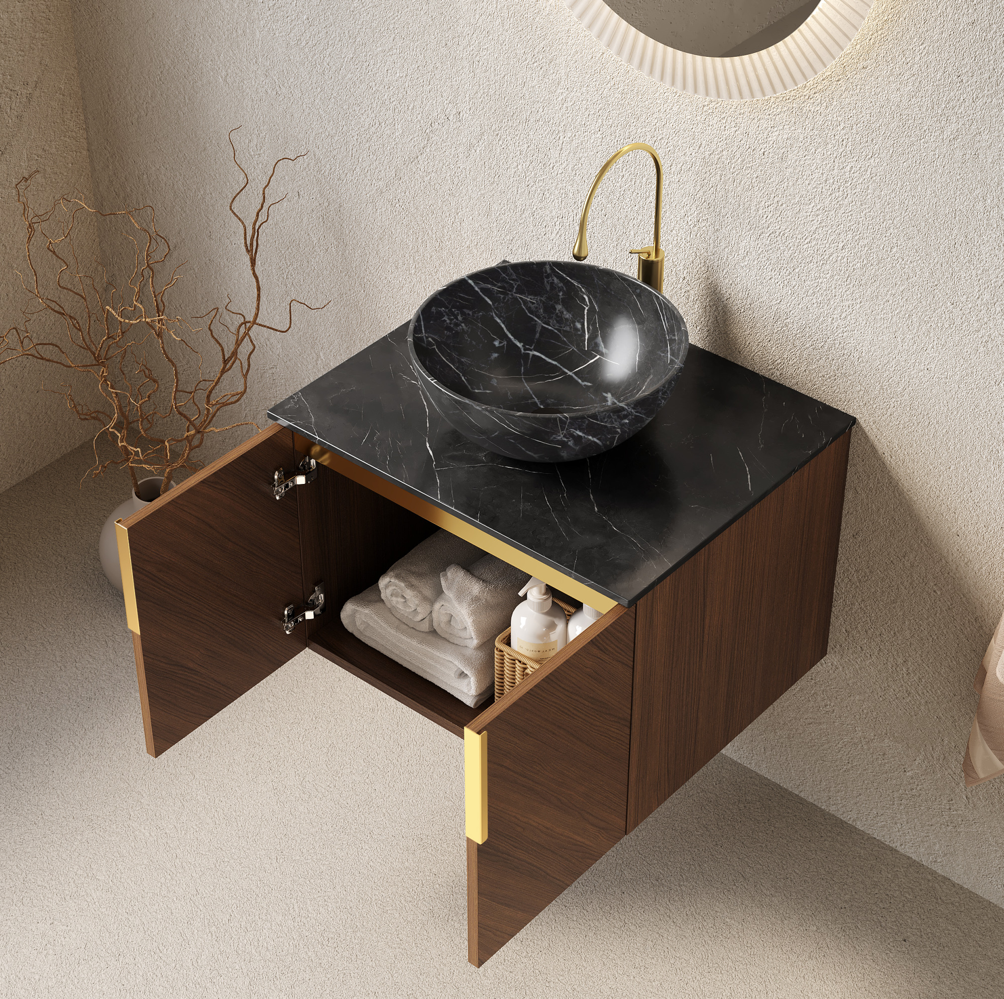 Hängender Badunterschrank 61 Cm Mit Schwarzem Keramikwaschbecken Und Sintersteinplatte
