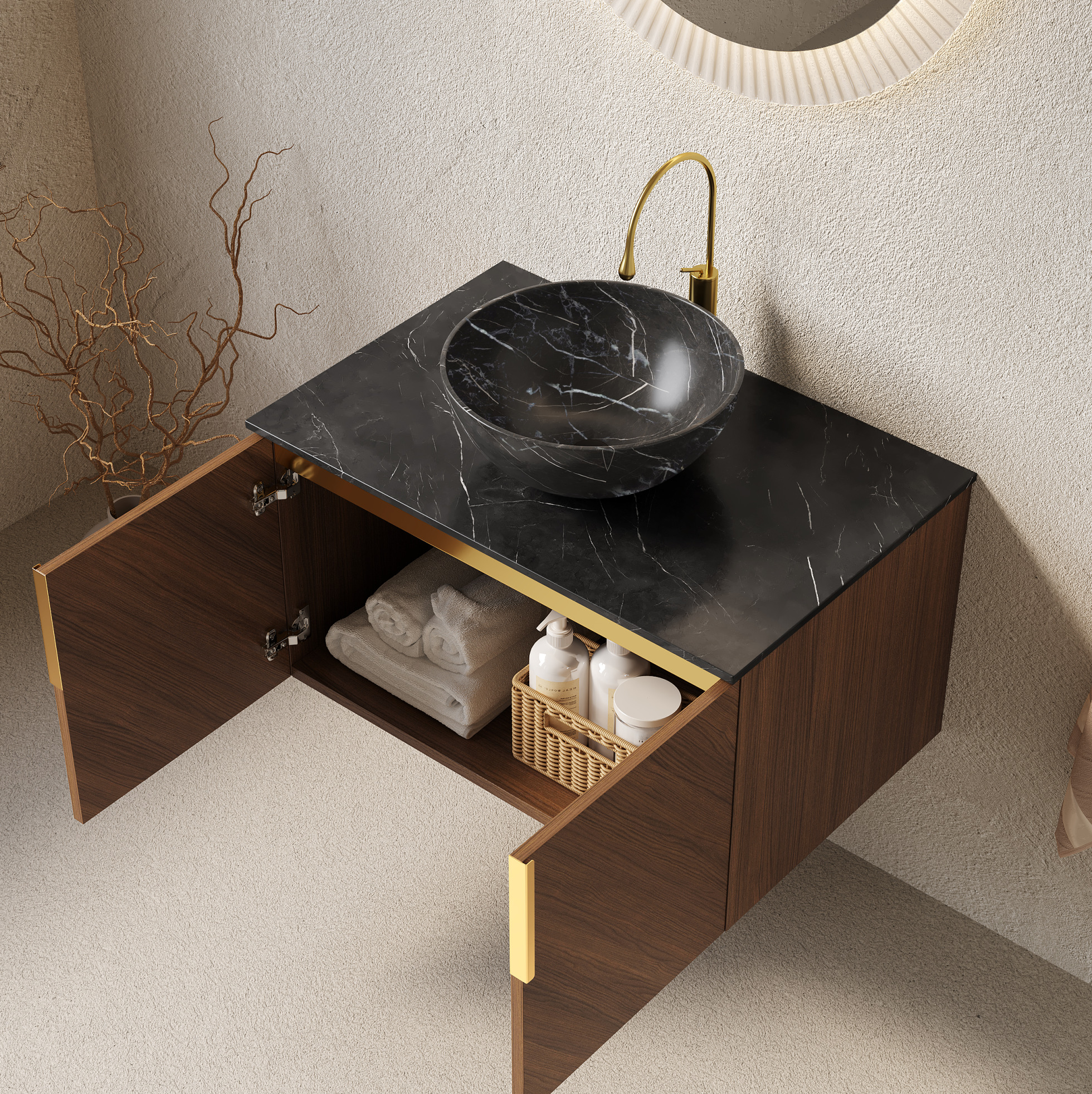 Hängender Badunterschrank 76 Cm Mit Schwarzem Keramikwaschbecken Und Sintersteinplatte