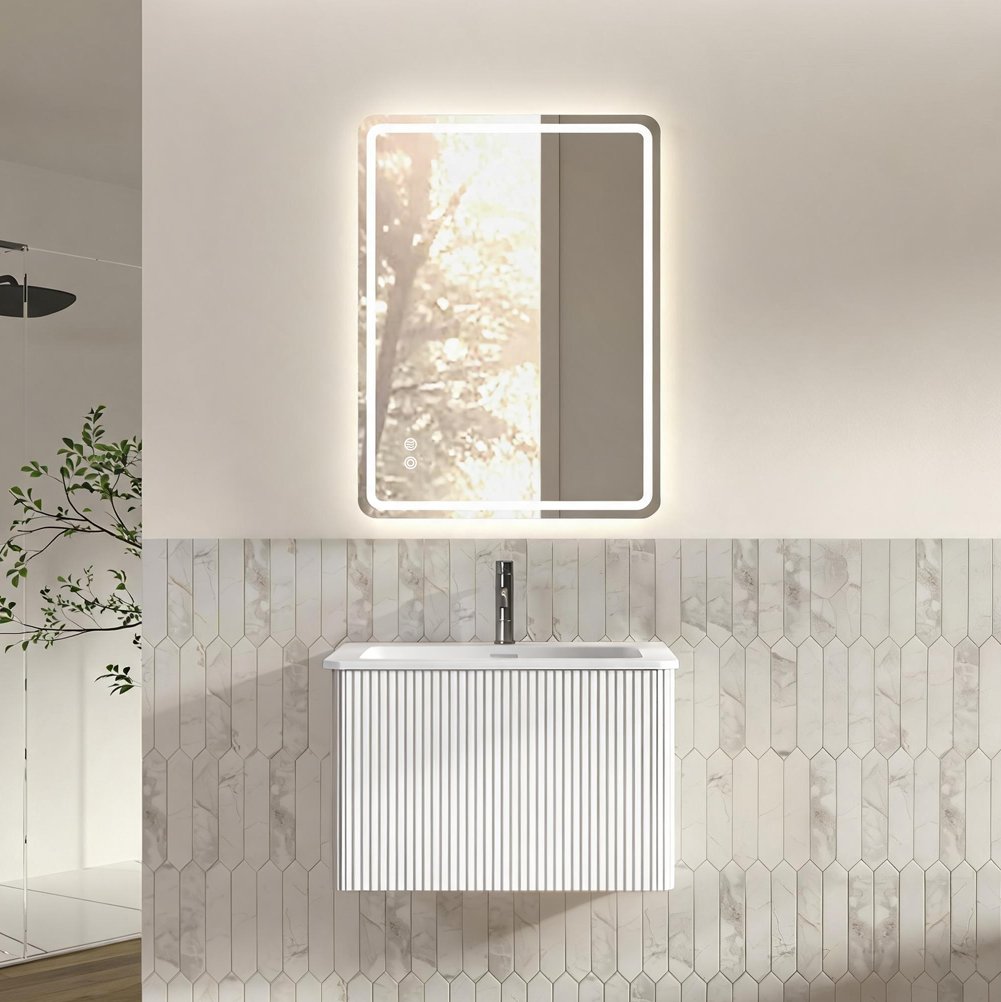Badmöbel-set Mit Led-spiegel, Hängender Waschtischunterschrank 60 Cm Mit Schublade, Weiß
