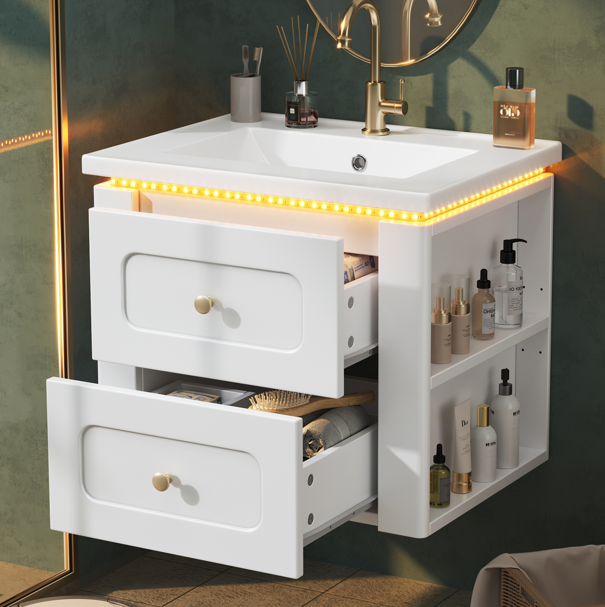 Hängewaschtischunterschrank 61 Cm, Weiß Hochglanz, Led, 2 Schubladen, Keramikbecken