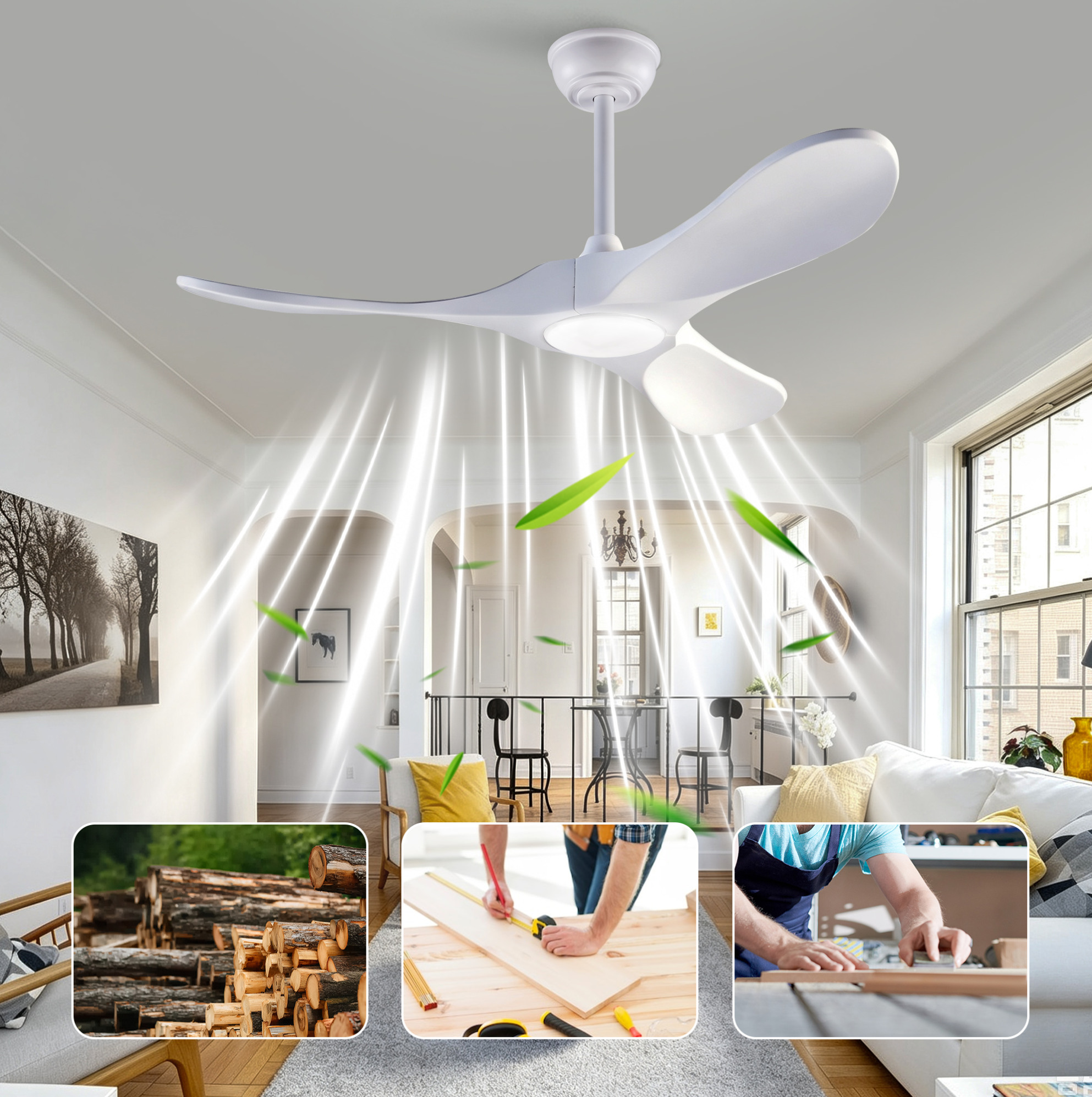 42" Deckenventilator Mit Led-licht, Weiß, 3 Holzflügel, Fernbedienung
