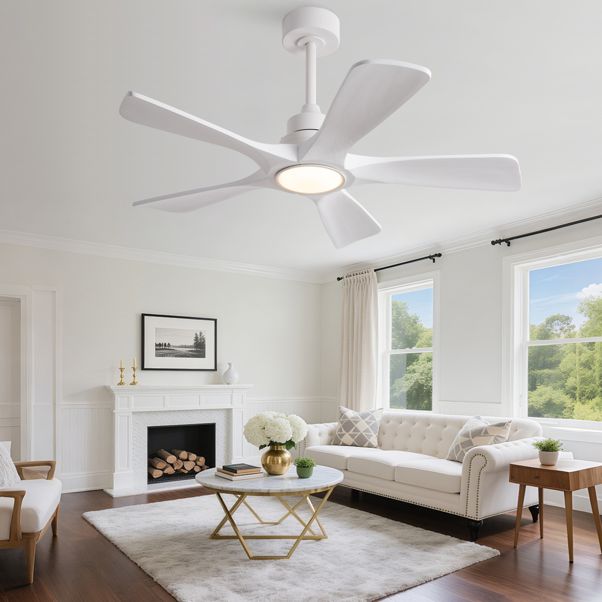 42-zoll-deckenventilator Weiß Mit Led, 5 Holzflügeln Und Funkfernbedienung