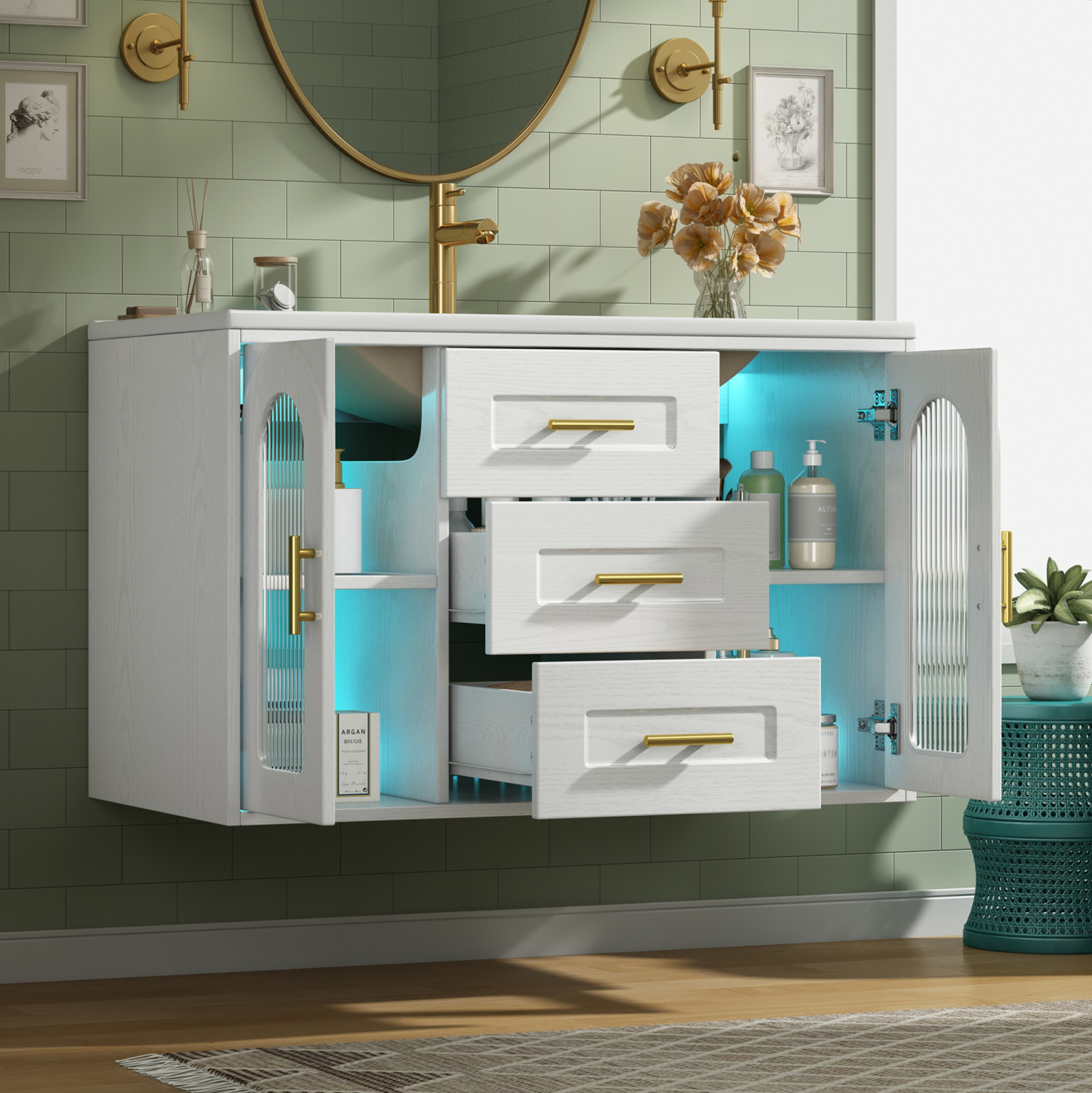 Hängender Badschrank 76 Cm Mit Keramikwaschbecken, Weißem Mdf Und Led