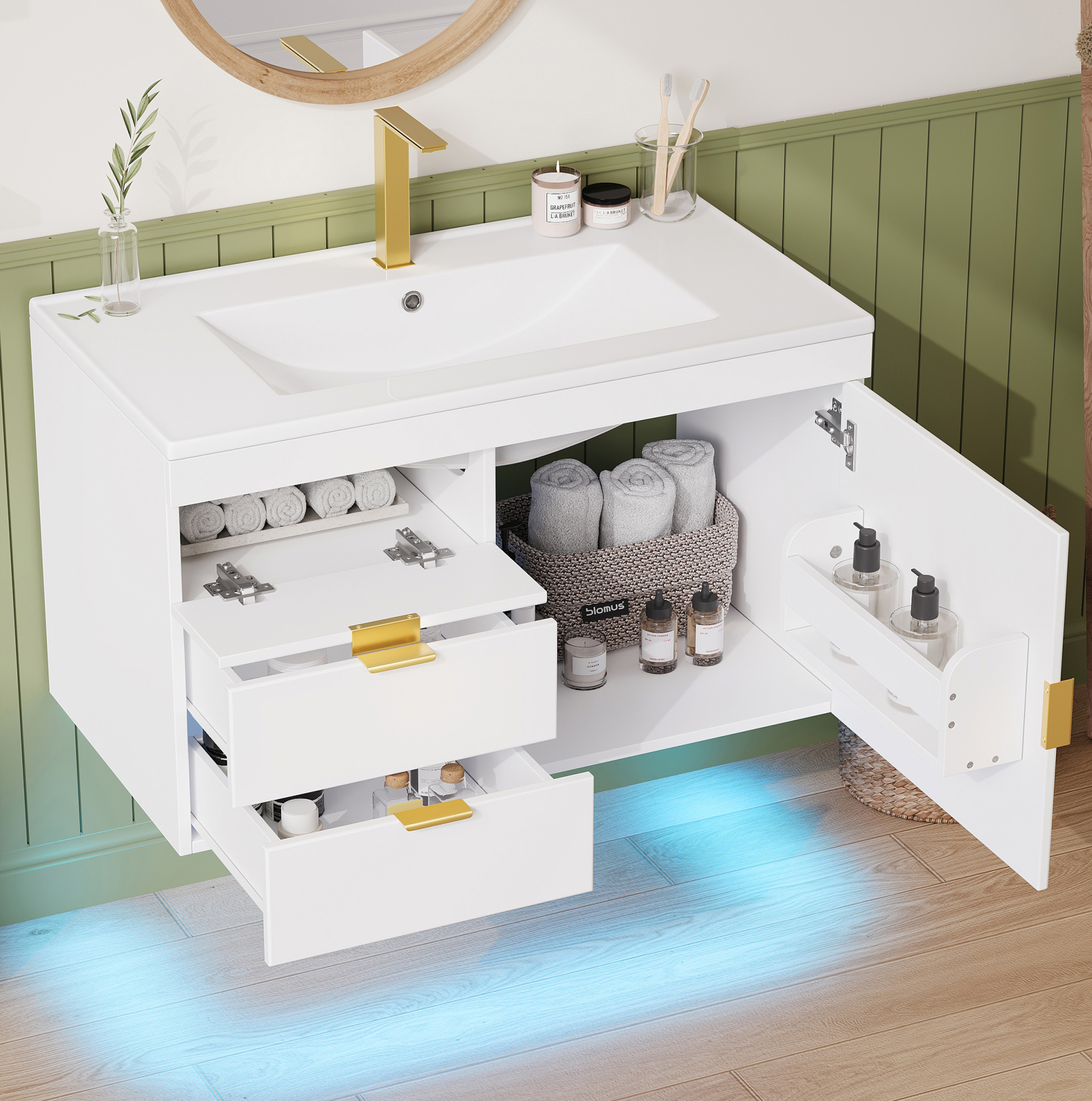 Hängender Waschtischunterschrank 76 Cm Mit Keramikbecken, Led-app, Weiß, Mdf, Okwish