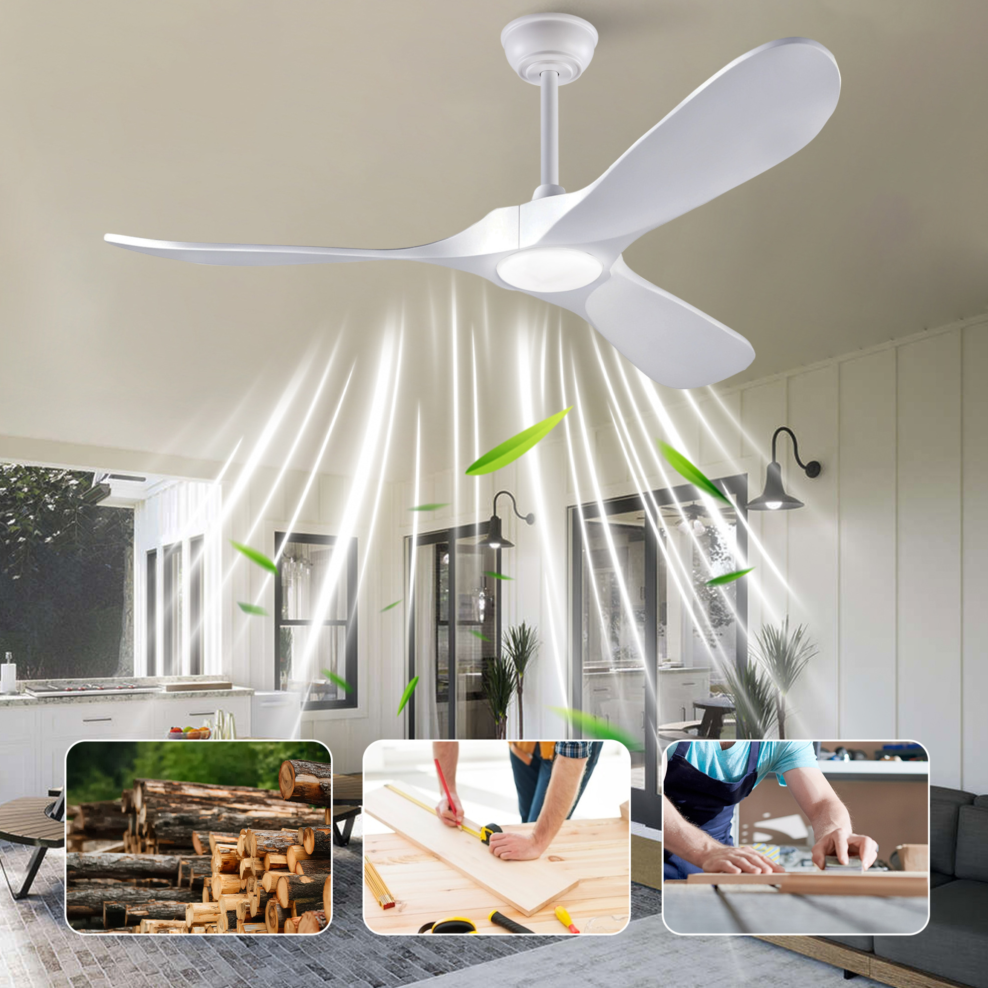 Okwish Deckenventilator 132 Cm Mit Led-licht, Fernbedienung Und 3 Holzflügeln, Weiß