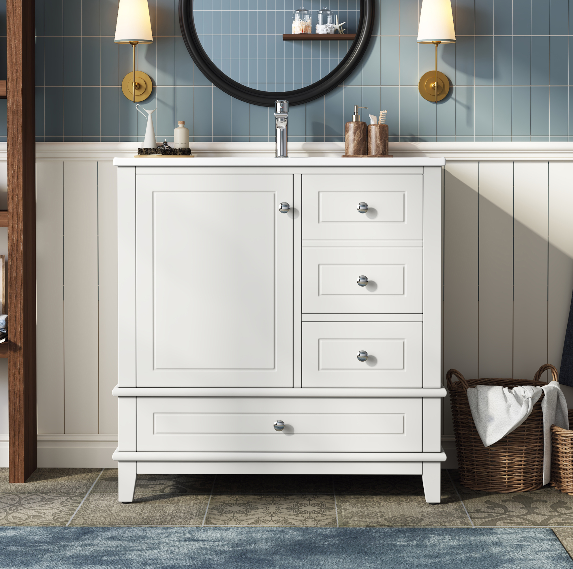 Okwish Waschbeckenunterschrank 81 Cm Weiß Hochglanz Mit 3 Schubladen Und Keramikbecken