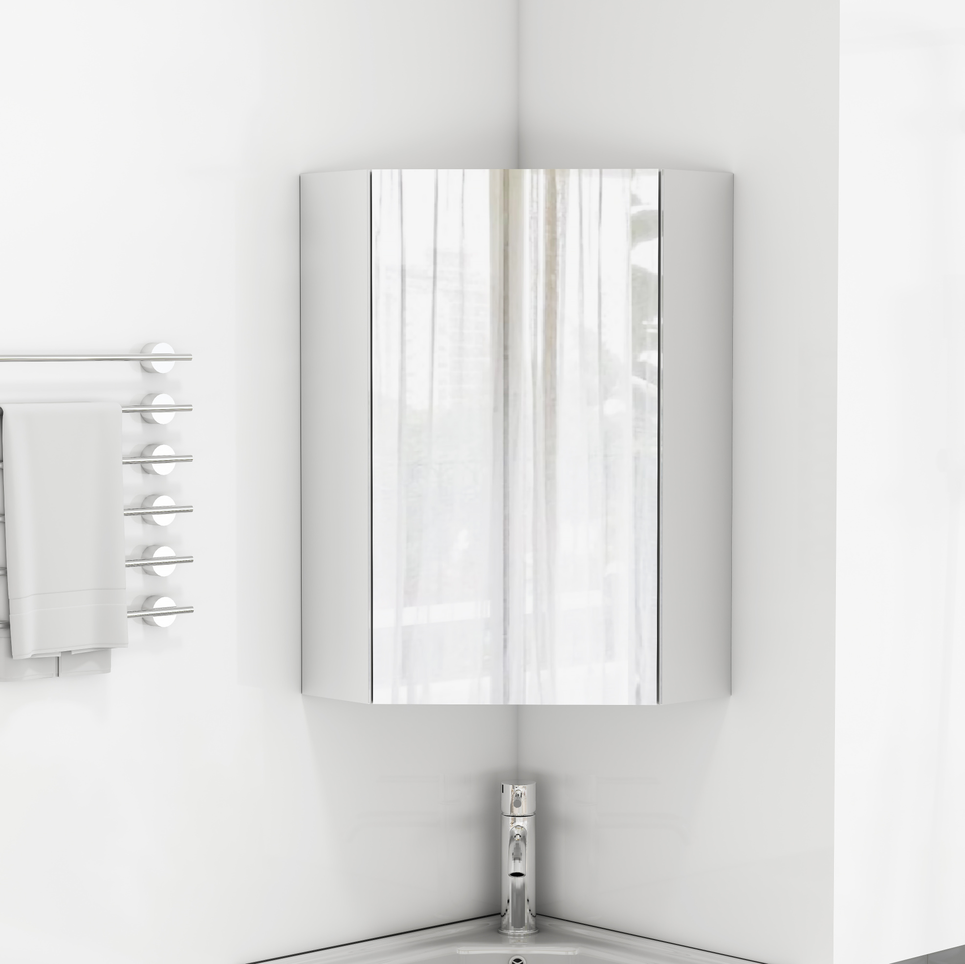 Eck-spiegelschrank Fürs Bad Mit 3 Spiegeln, Soft-close-scharnieren, Weiß