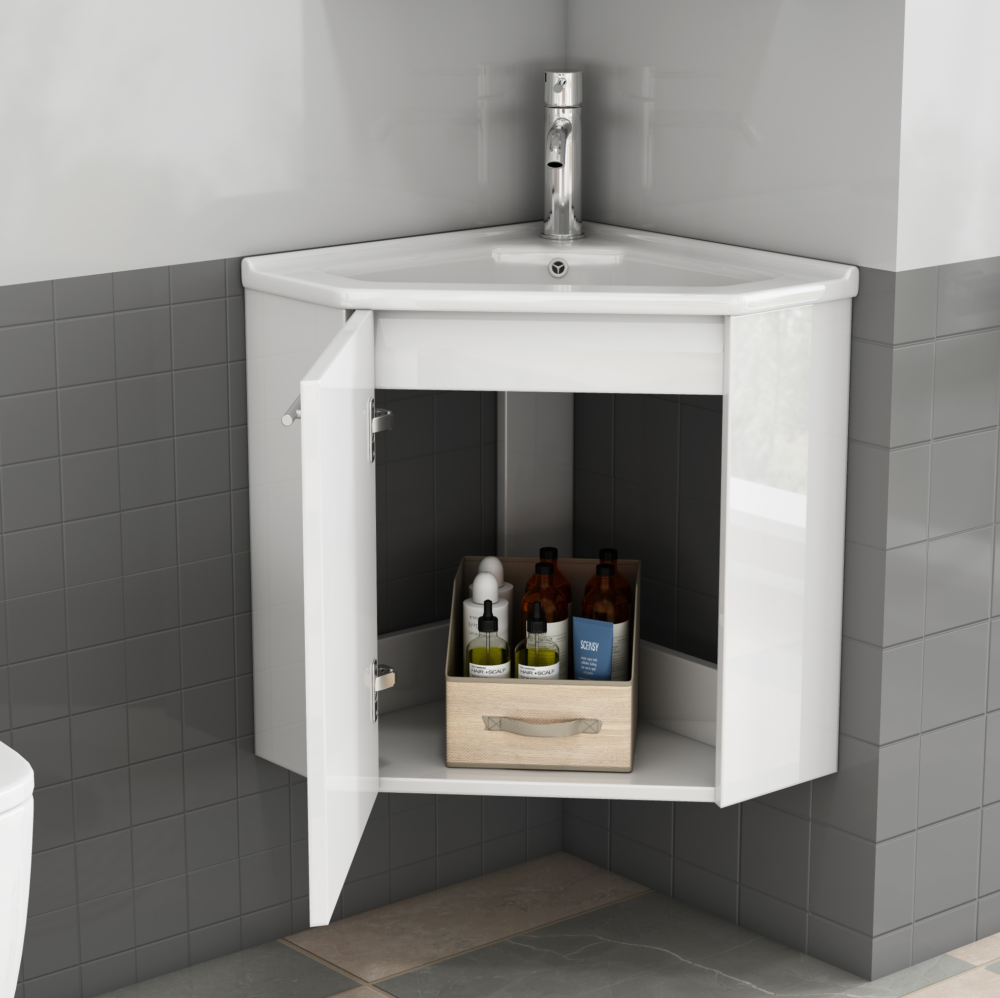 Glänzender Weißer Eck-badschrank Mit Keramikwaschbecken, Vormontiert, Okwish