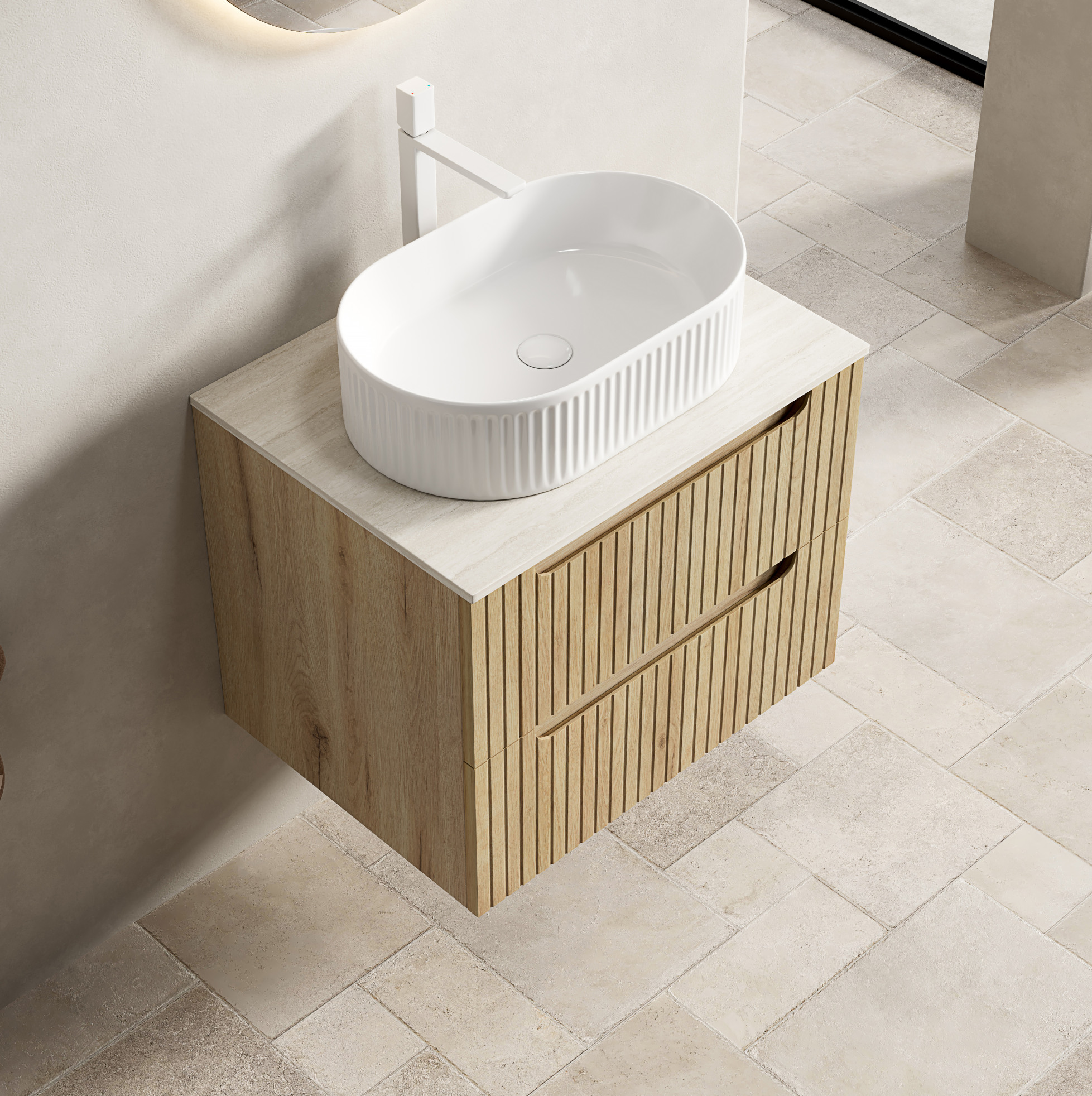 Hängewaschtisch 60 Cm Mit Weißem Ovalbecken, Travertinplatte, 2 Schubladen, Weißeiche