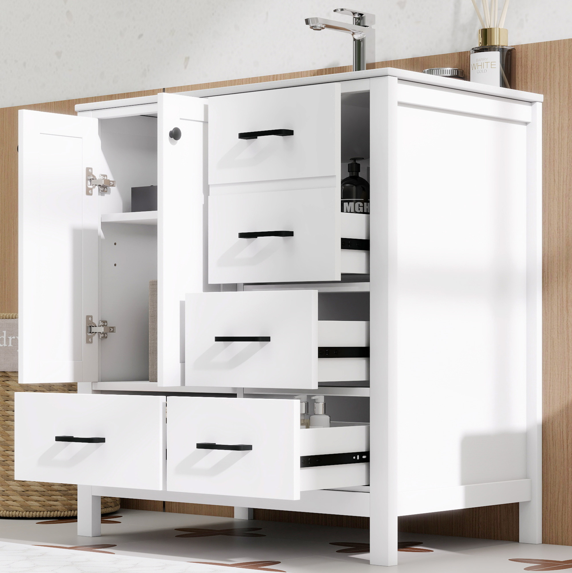 Freistehender Badwaschtisch 76 X 46 X 82 Cm Weiß Mit Keramikbecken Und 4 Schubladen Okwish