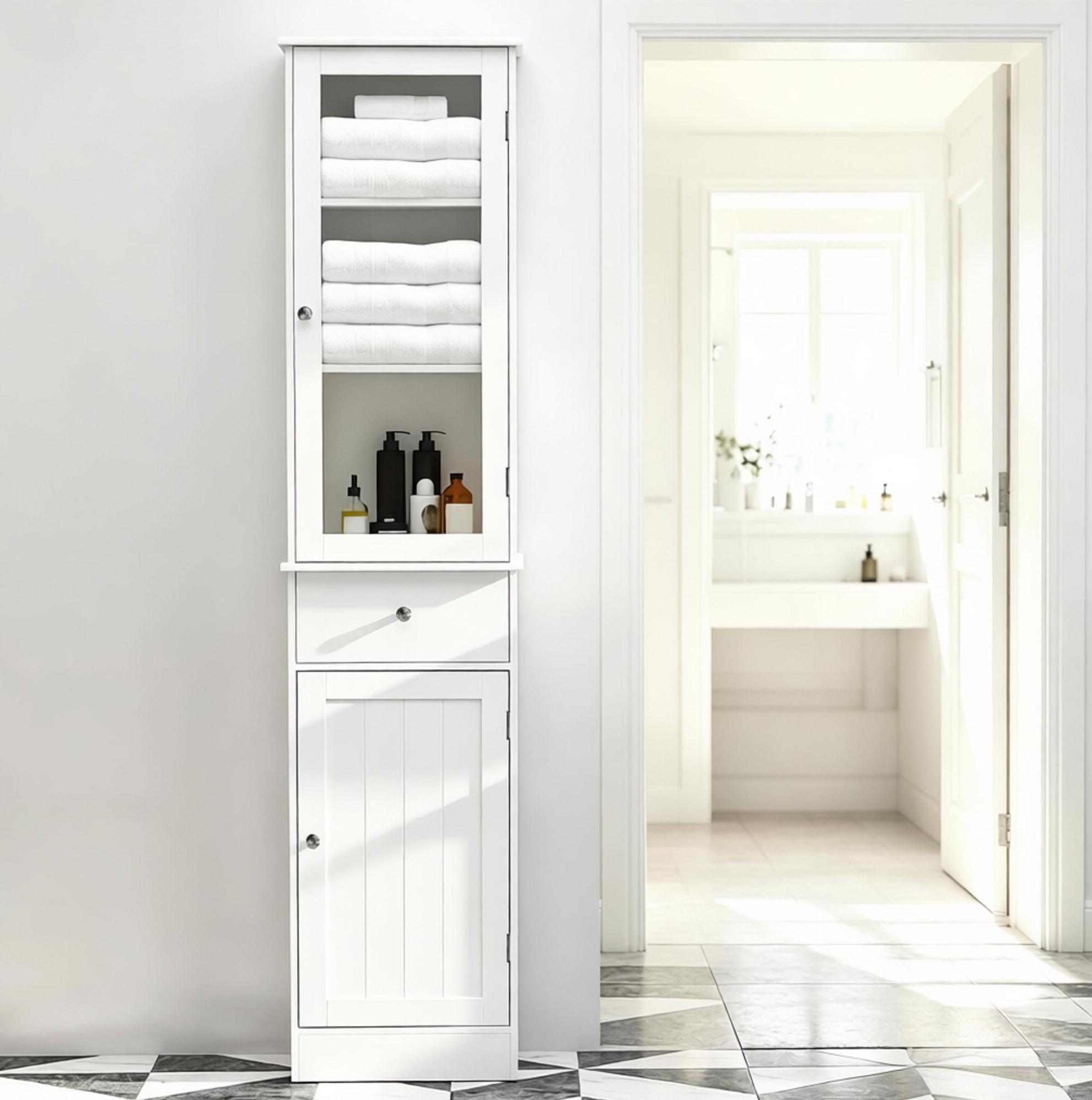 Hoher Badezimmerschrank Weiß Aus Mdf Und Acryl Mit Schublade Und Regalen, Okwish
