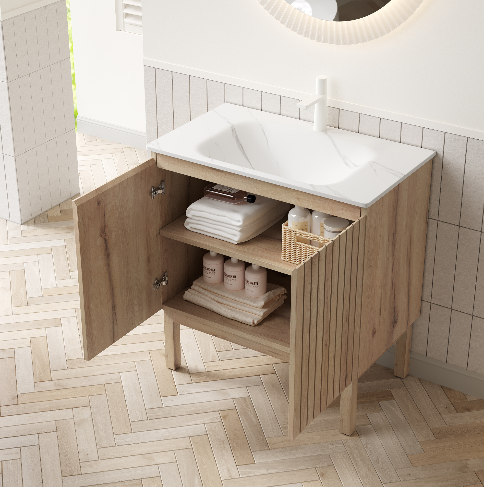 Freistehender Waschtischunterschrank 80 Cm Mit Integriertem Sintersteinbecken, Weiß-eiche