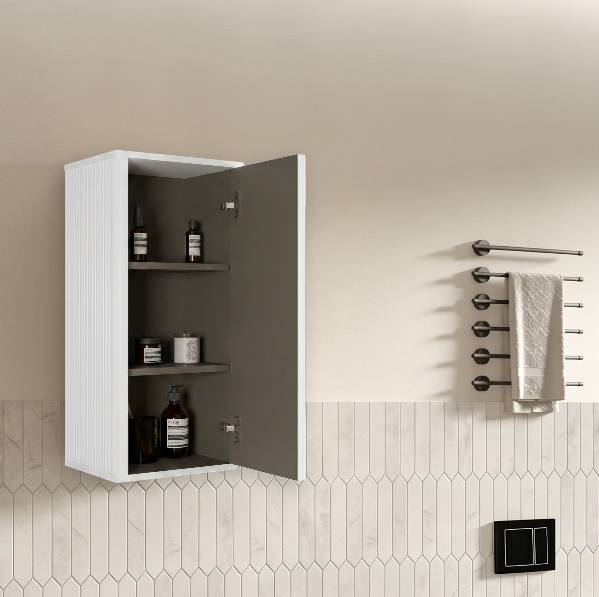 Hängender Badezimmerschrank Weiß Mit Push-to-open-tür 36 X 29 X 75 Cm Mdf Und Sperrholz