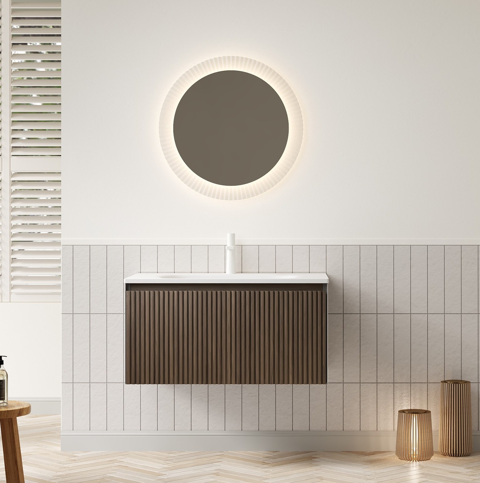 Hängender Badschrank 80 Cm Mit Weißem Kunstharzwaschbecken Und Schublade, Braune Eiche