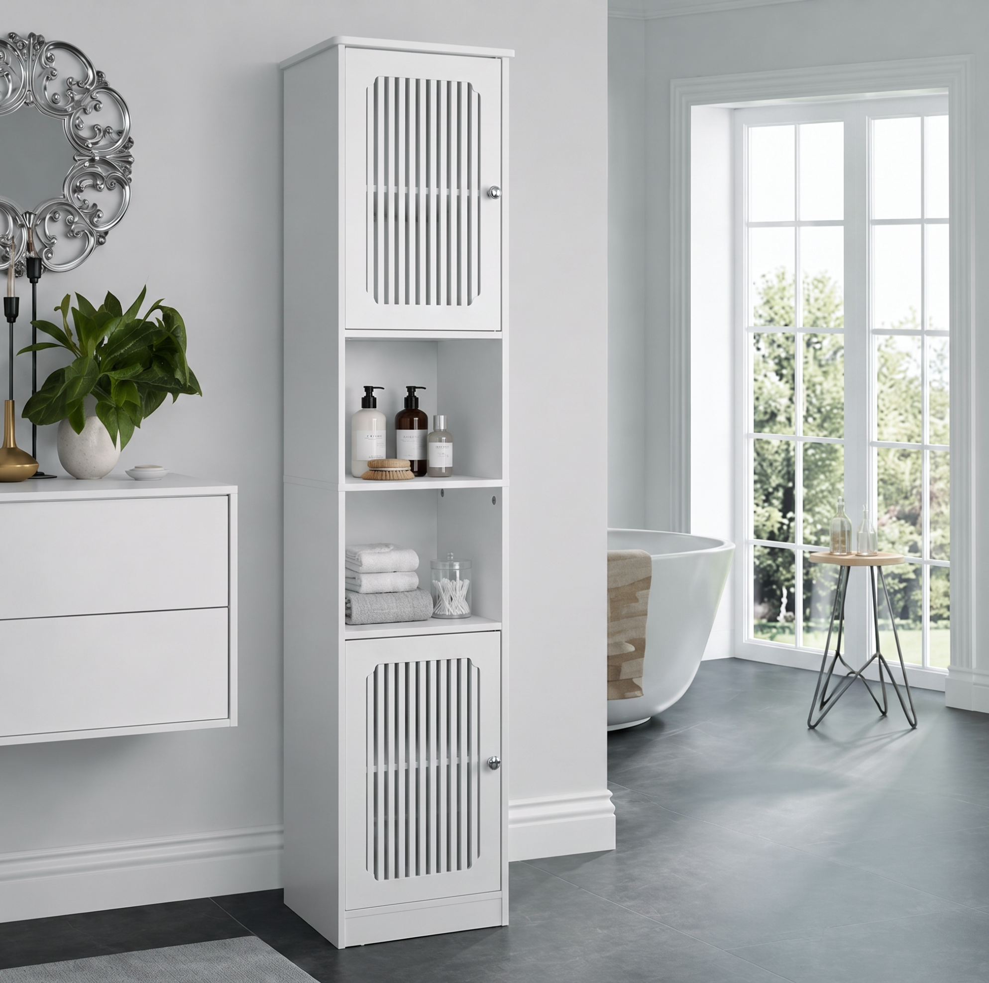 Hoher Weißer Badschrank 163 Cm Aus Mdf Und Spanplatte Mit Lamellentüren Und Verstellbaren Böden