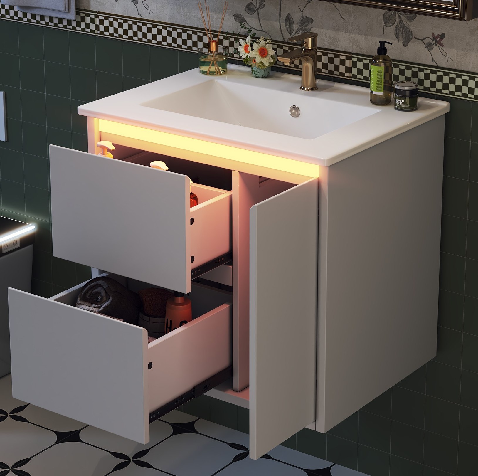 Hängender Badschrank 61 X 46,5 X 57 Cm Mit Keramikwaschbecken, Led Und Soft-close