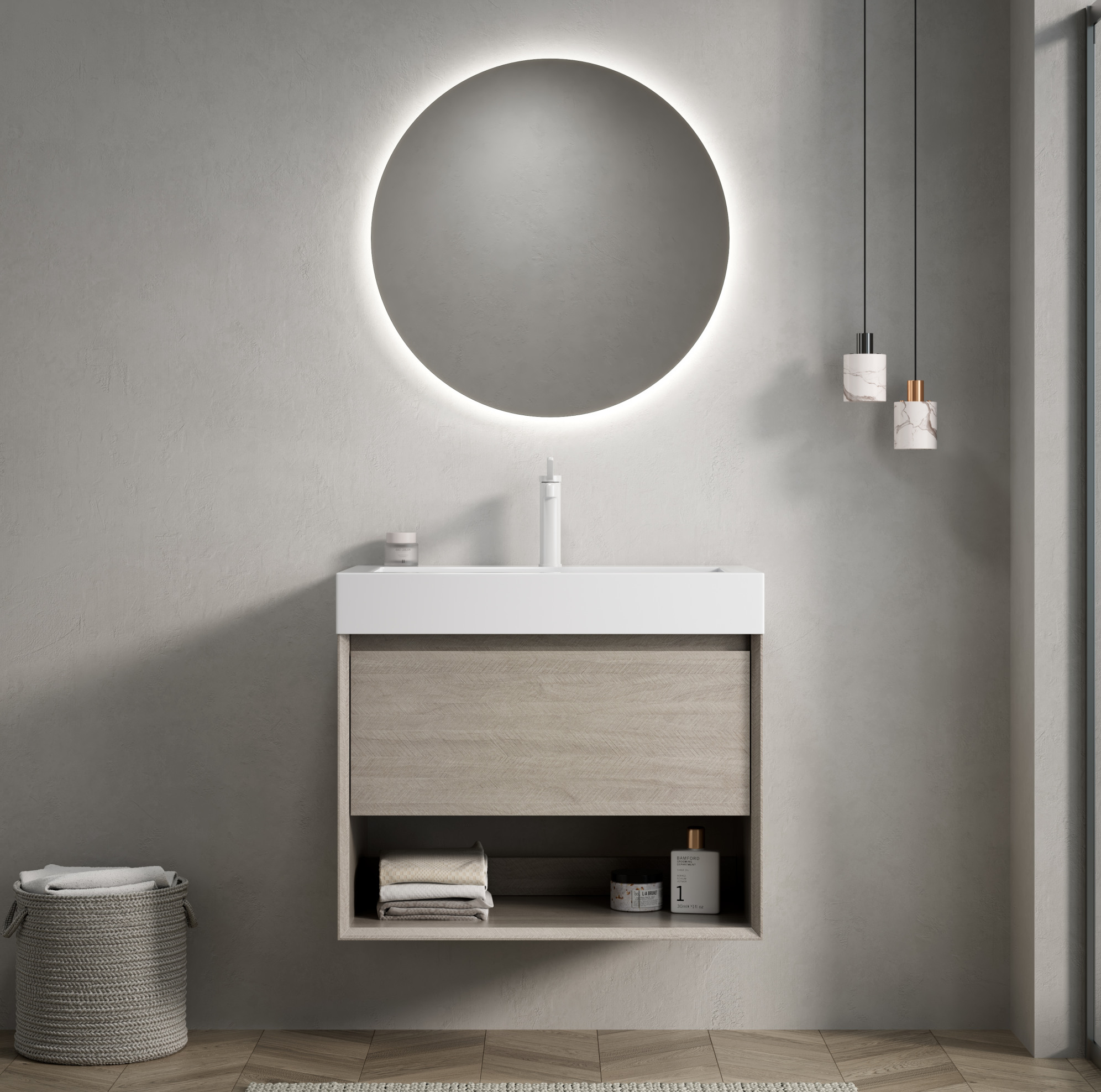 Wandwaschtisch 70 Cm Mit Rechteckigem Weißem Kunstharzbecken, Schublade Und Offenem Fach