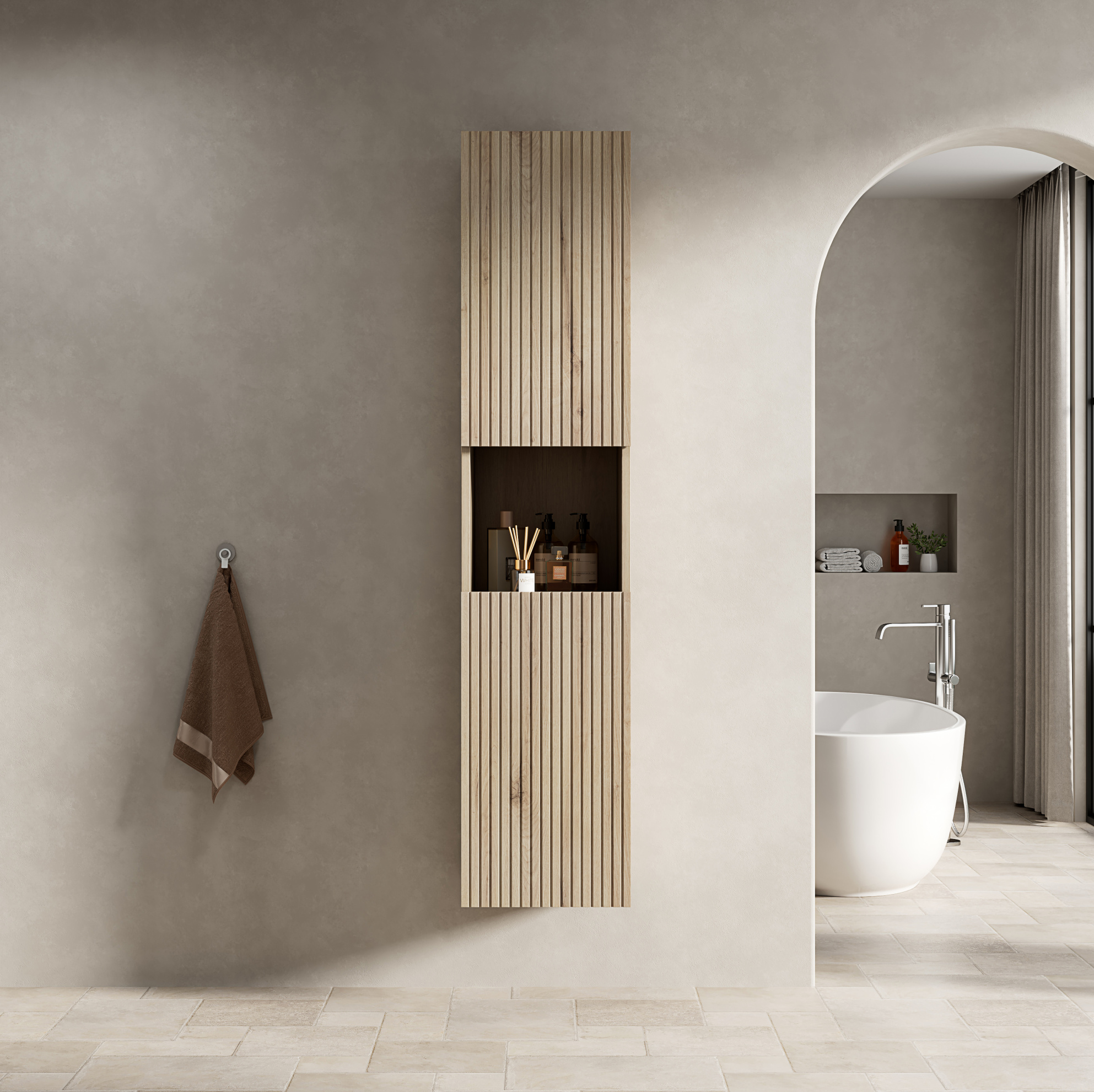 Wand-badezimmerschrank 160 Cm Aus Sperrholz, 2 Türen, Offenes Fach, Weiß-eiche