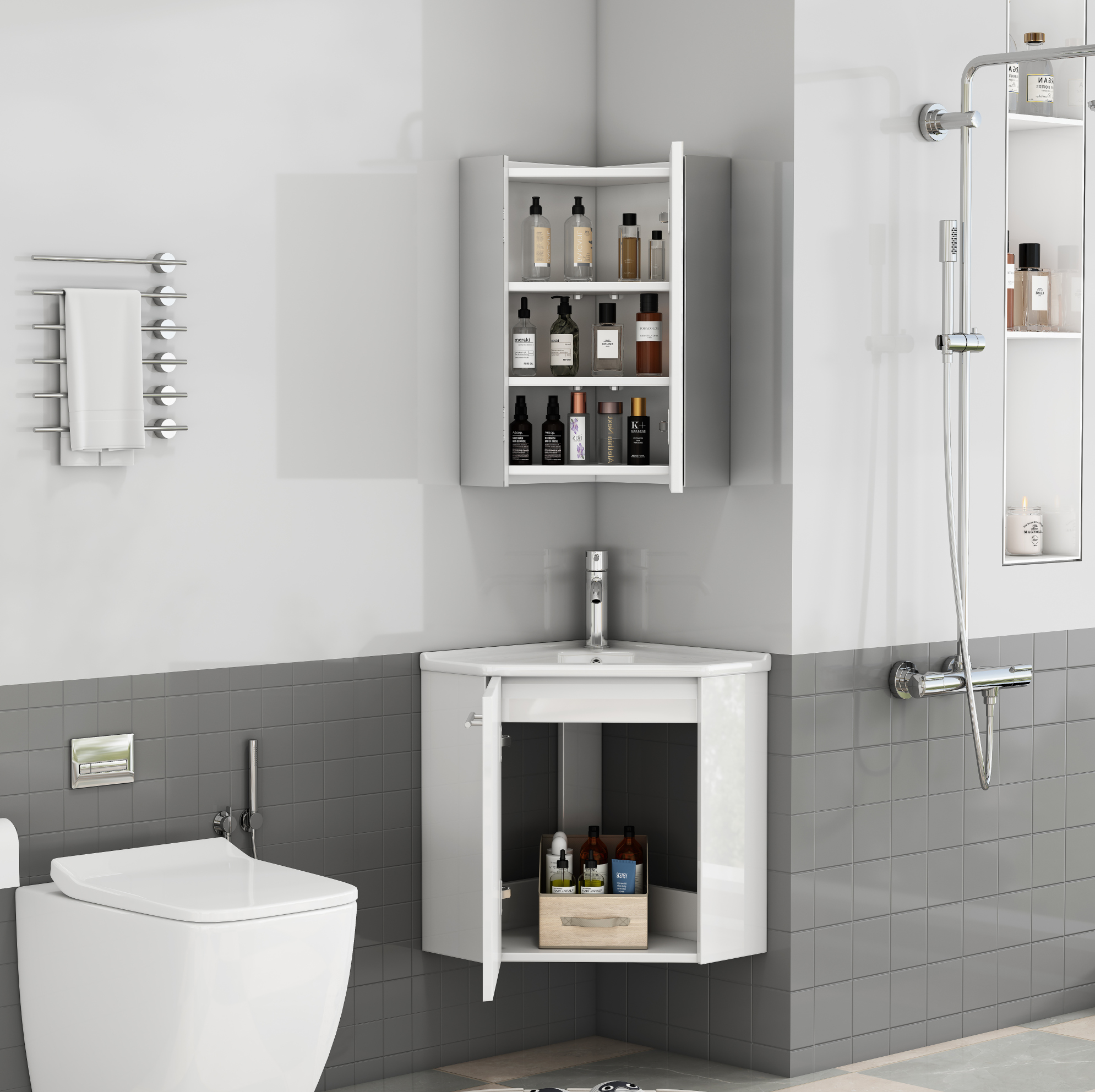 Eckbadmöbel Mit Waschbecken Und Spiegelschrank, Hochglanzweiß, Mdf