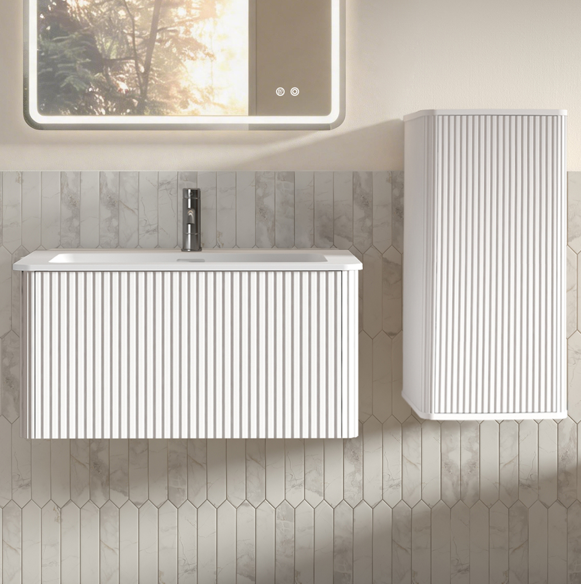 Hängendes Badmöbel-set Weiß Mit Waschbecken Und Seitenschrank 80 Cm Okwish