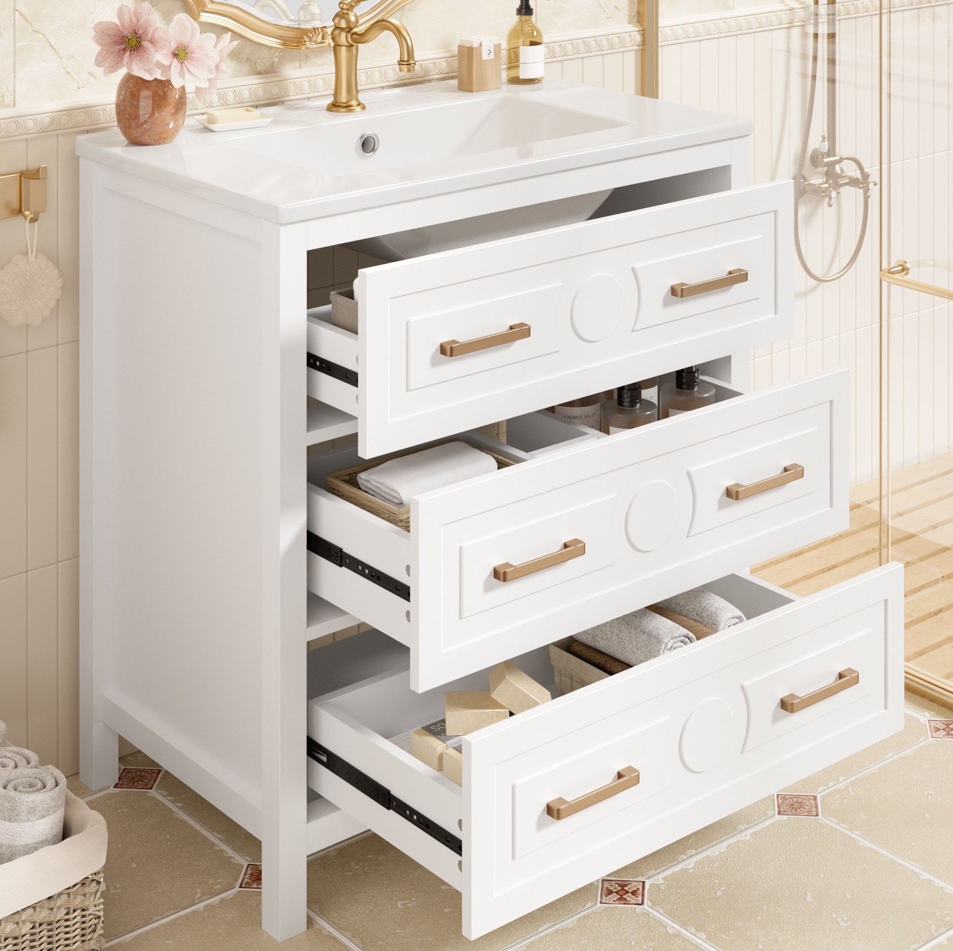 Badschrank Mit Keramikwaschbecken 76,5 X 47 X 82 Cm, 3 Schubladen, Weiß, Okwish