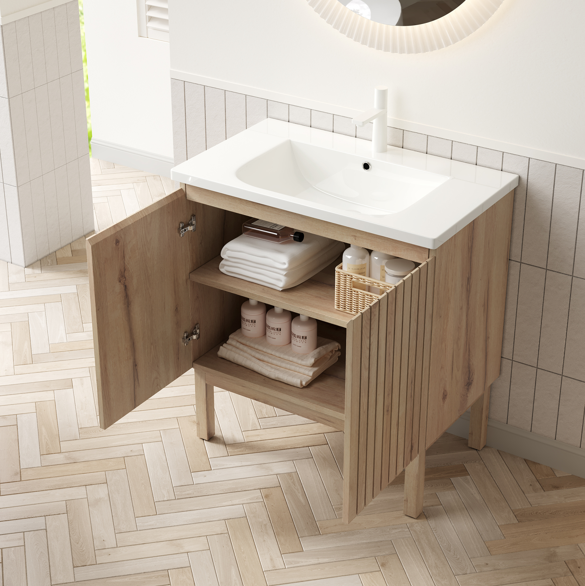 Freistehender Badschrank 80,5 Cm Mit Weißem Keramikwaschbecken Niko