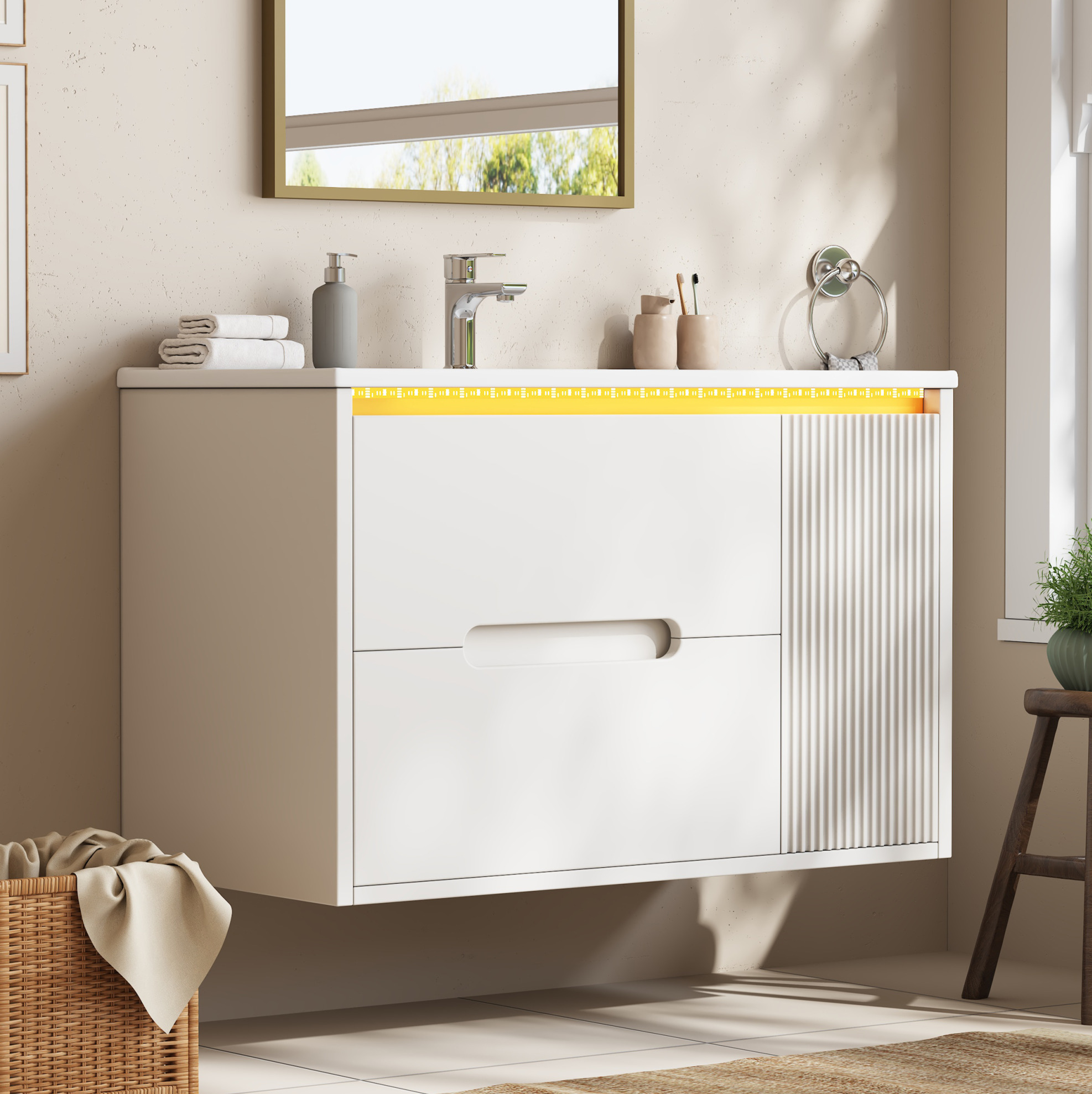 Hängender Badschrank 81 Cm Weiß Mit Keramikwaschbecken, Led Und Soft-close