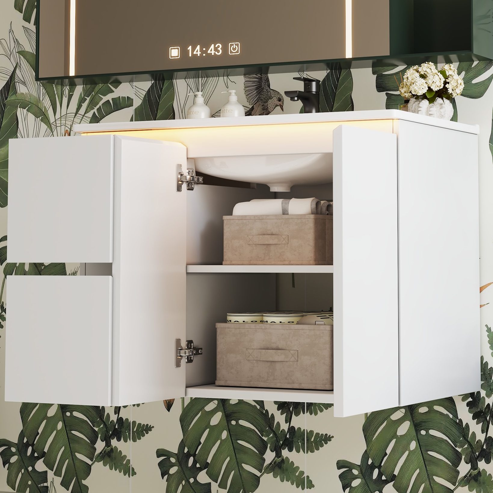 Hängender Badschrank 76 X 47 X 57 Cm Weiß Mit Keramikwaschbecken Und Led-radarsensor