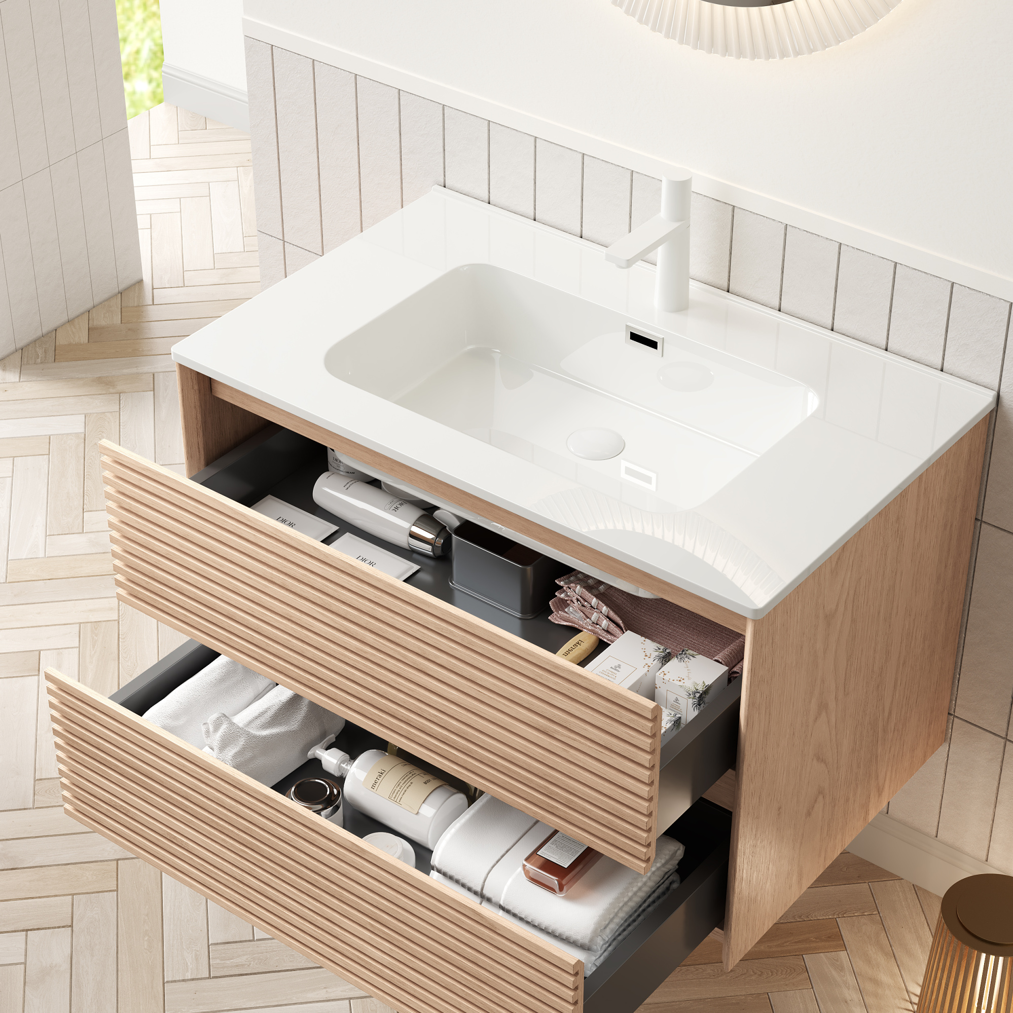 Hängender Badunterschrank 81 Cm Mit Weißem Keramikwaschbecken Und 2 Sperrholzschubladen