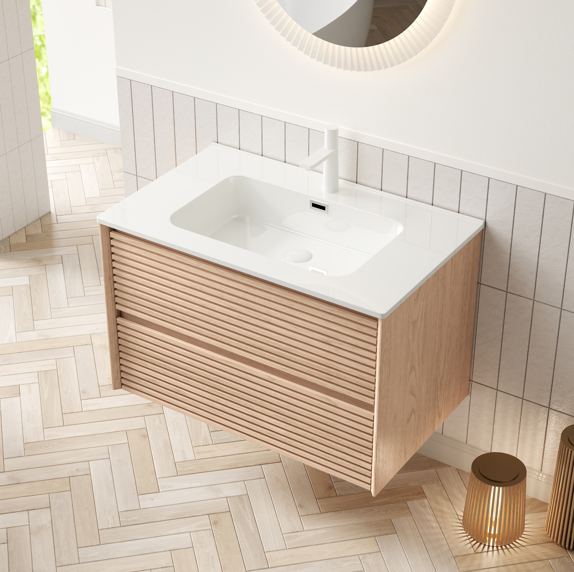 Hängender Badunterschrank 81 Cm Mit Weißem Keramikwaschbecken, 2 Schubladen, Nussbaumoptik