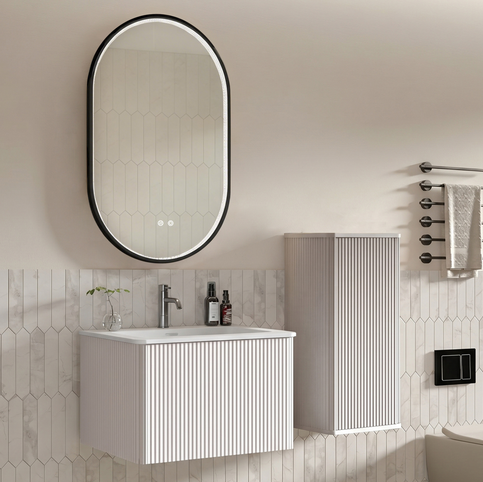 Hängendes Badmöbel-set 60 Cm Mit Waschbecken, Seitenschrank Und Led-spiegel, Weiß