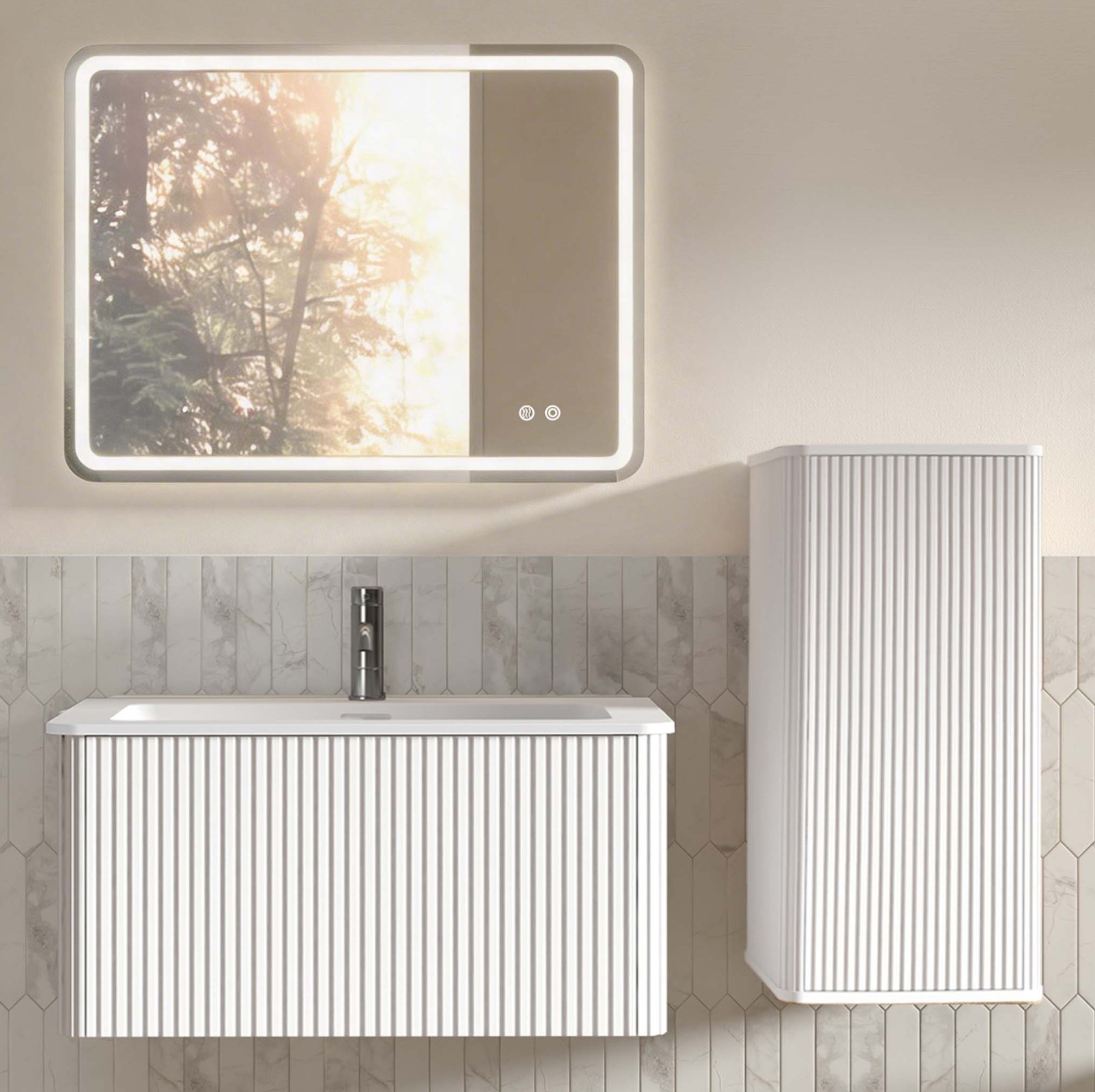 Badezimmermöbel Mit Waschbecken, Led-spiegel Und Seitenschrank, Weiß, 81 Cm