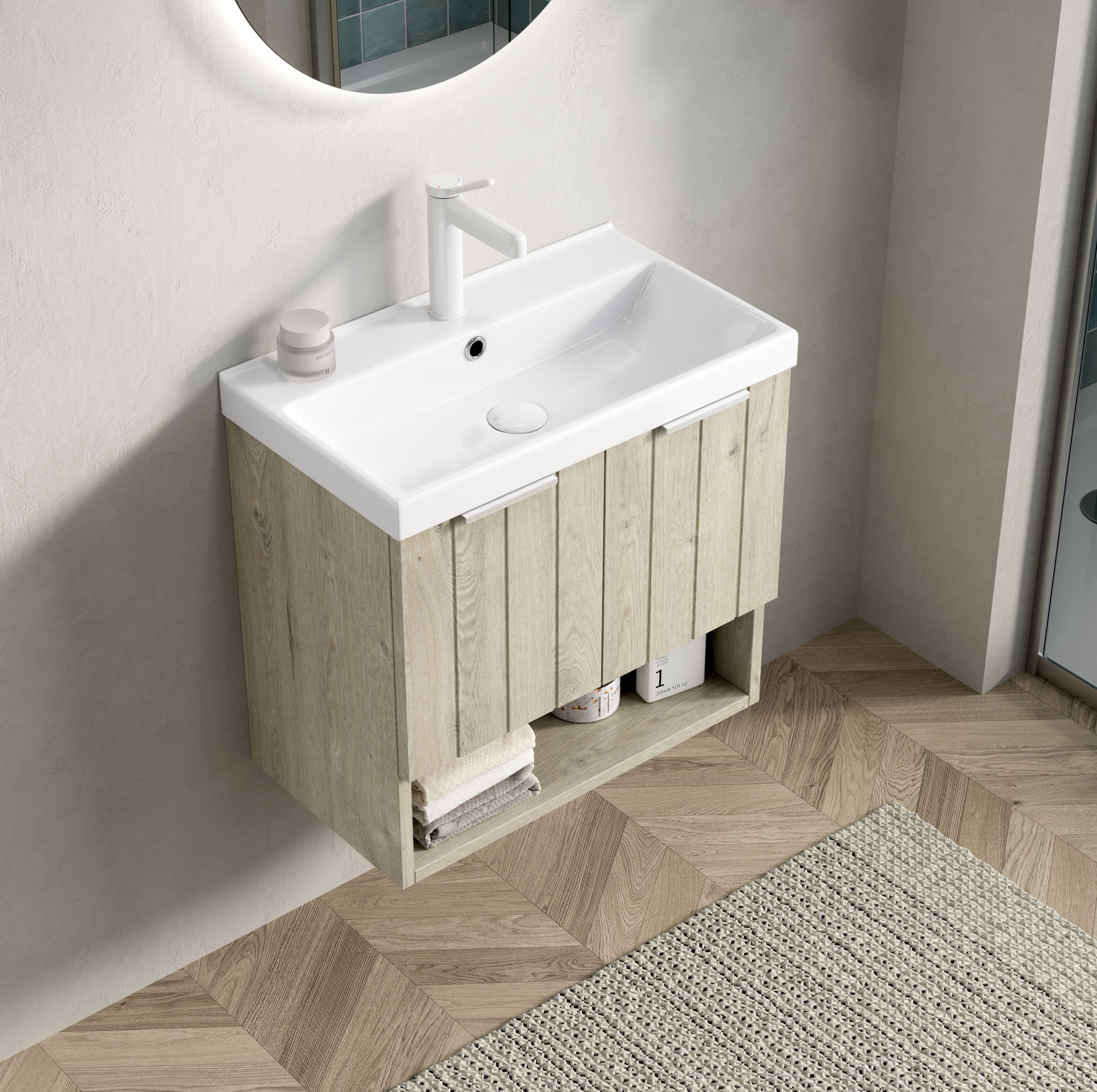 Hängender Badmöbel-unterschrank 55 Cm Mit Weißem Keramikwaschbecken, 2 Türen, Eiche Hell