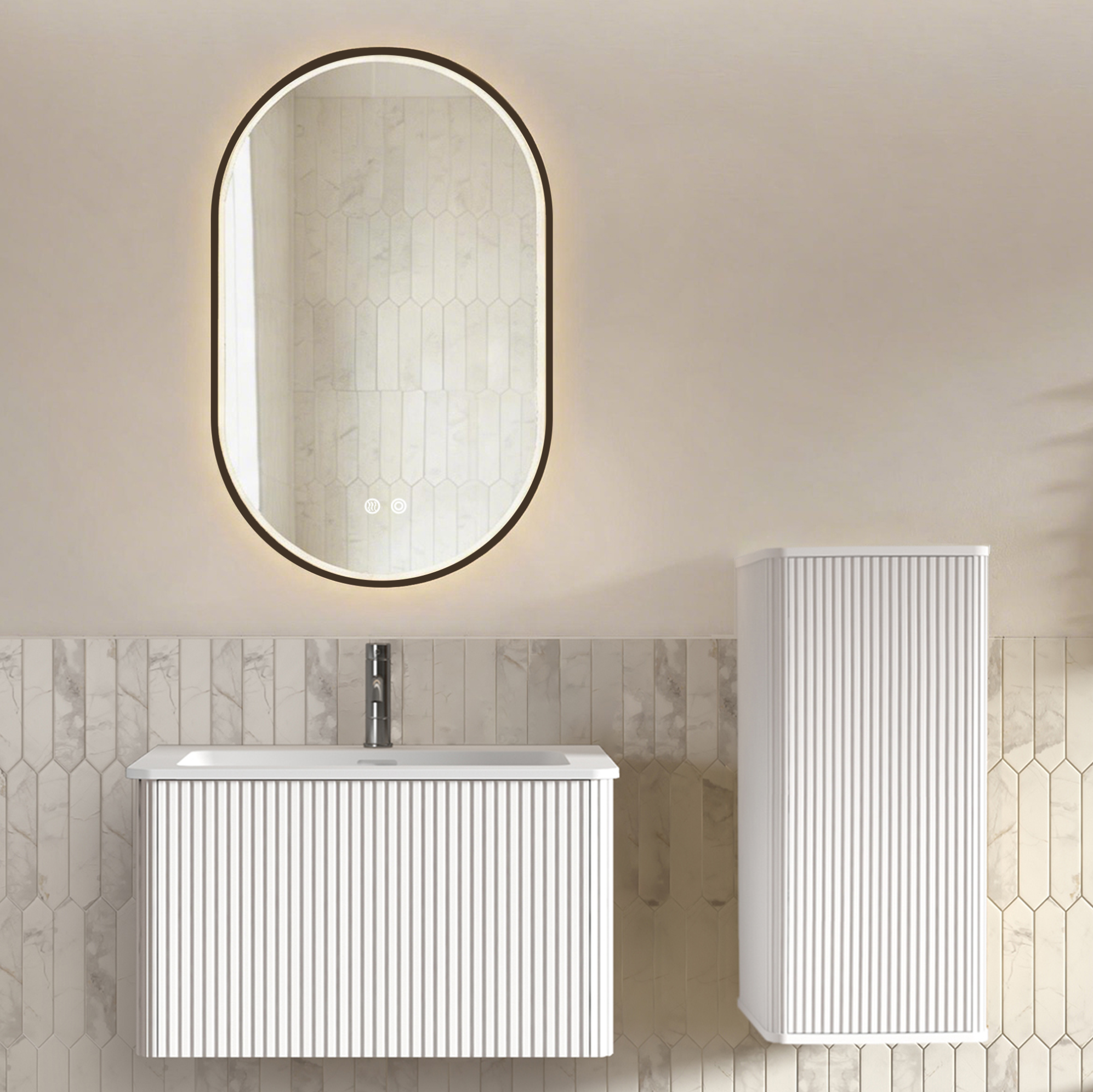 Badezimmermöbel-set Mit Waschbecken, Seitenschrank Und Led-spiegel, 80 Cm, Weiß