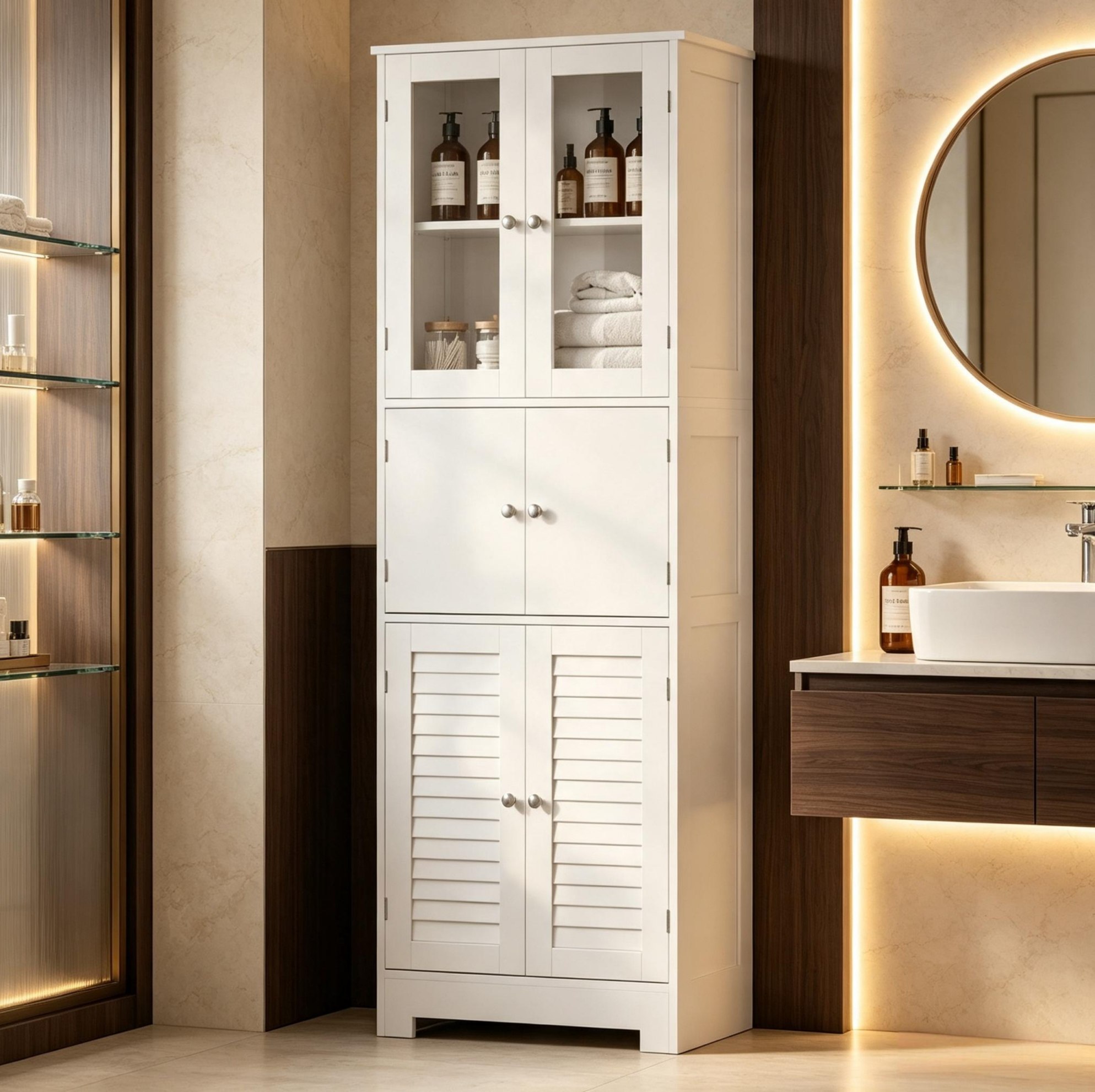Hochschrank Bad Mit 6 Türen, 2 Glastüren Und 2 Schiebetüren, Mdf Weiß, 60 X 30 X 170,5 Cm